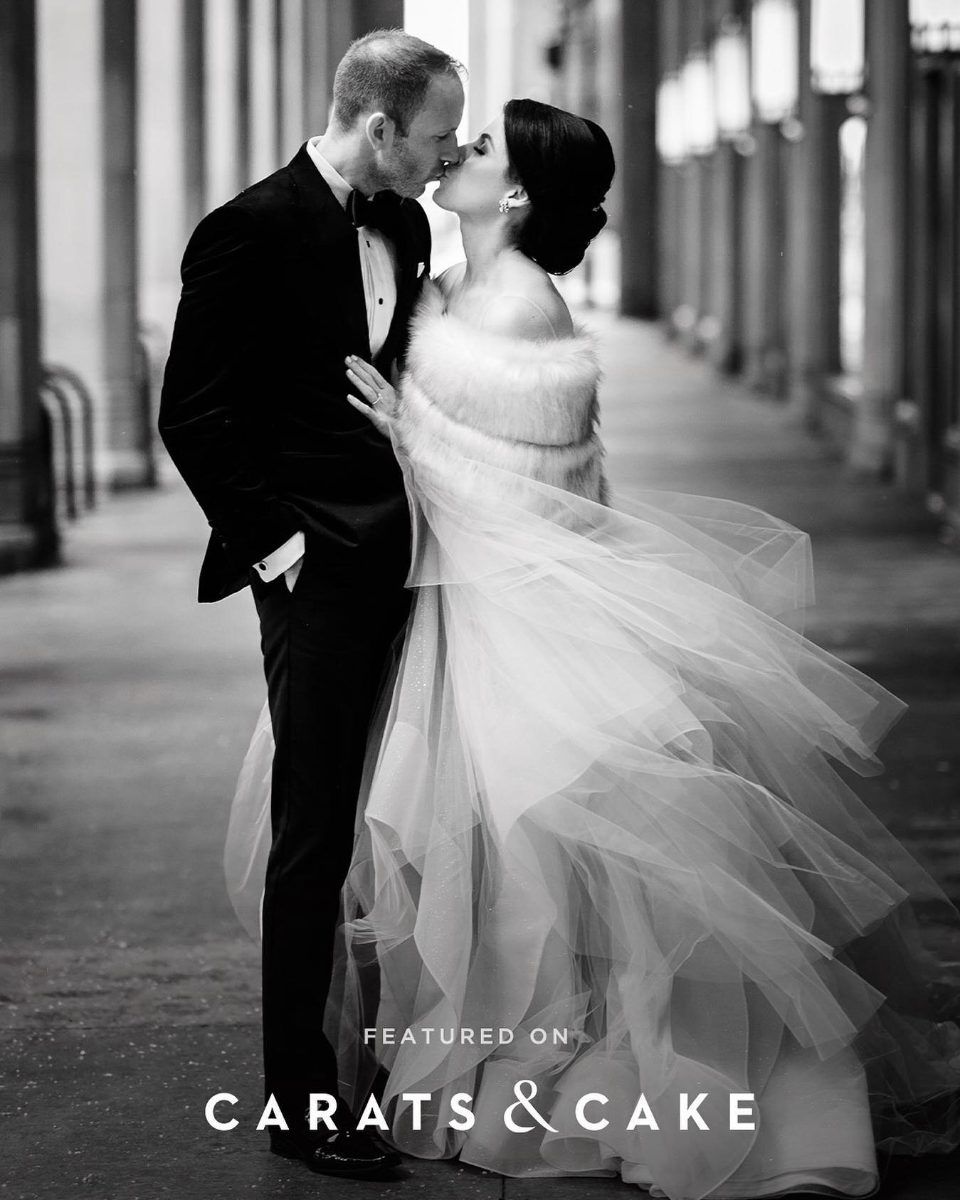 Thank you @caratsandcake for featuring Lauren &amp; Adam this past week. 🖤🤍🖤 Here&rsquo;s a little advice from Lauren for other winter brides, &ldquo;Winter Brides, embrace the cold, the snow and the weather. Wear a great fur! I would rather be a 