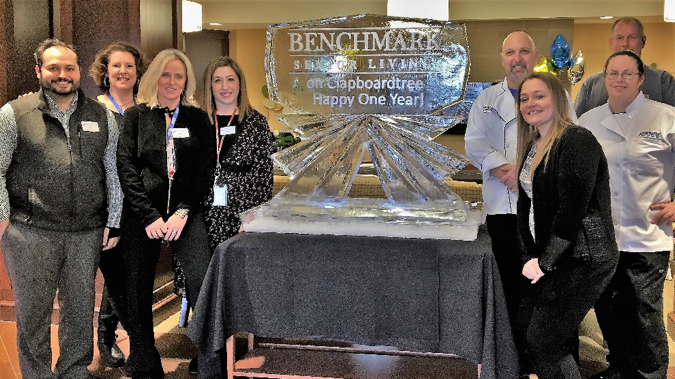 From left, Nic Estrela, Resident Care Director Rebecca Royal , Director of Community Relations Patti Sullivan , Traditional Care Director Mandy Emond , Dining Services Director (and ice carver) Paul Marcello , Director of Business Administration Justina Lafreniere , Chef Maura O’Hara and Director of Plant Services Jeff Lutton .