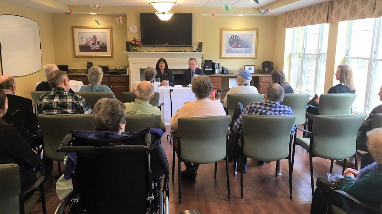 U.S. Congresswoman Ann McLane Kuster speaks to residents and family members at The Birches.