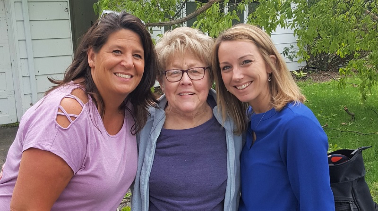 From left, Mia Criscuolo, Adele and Jacquelyn Gaulin with a backpack filled with Adele’s belongings.