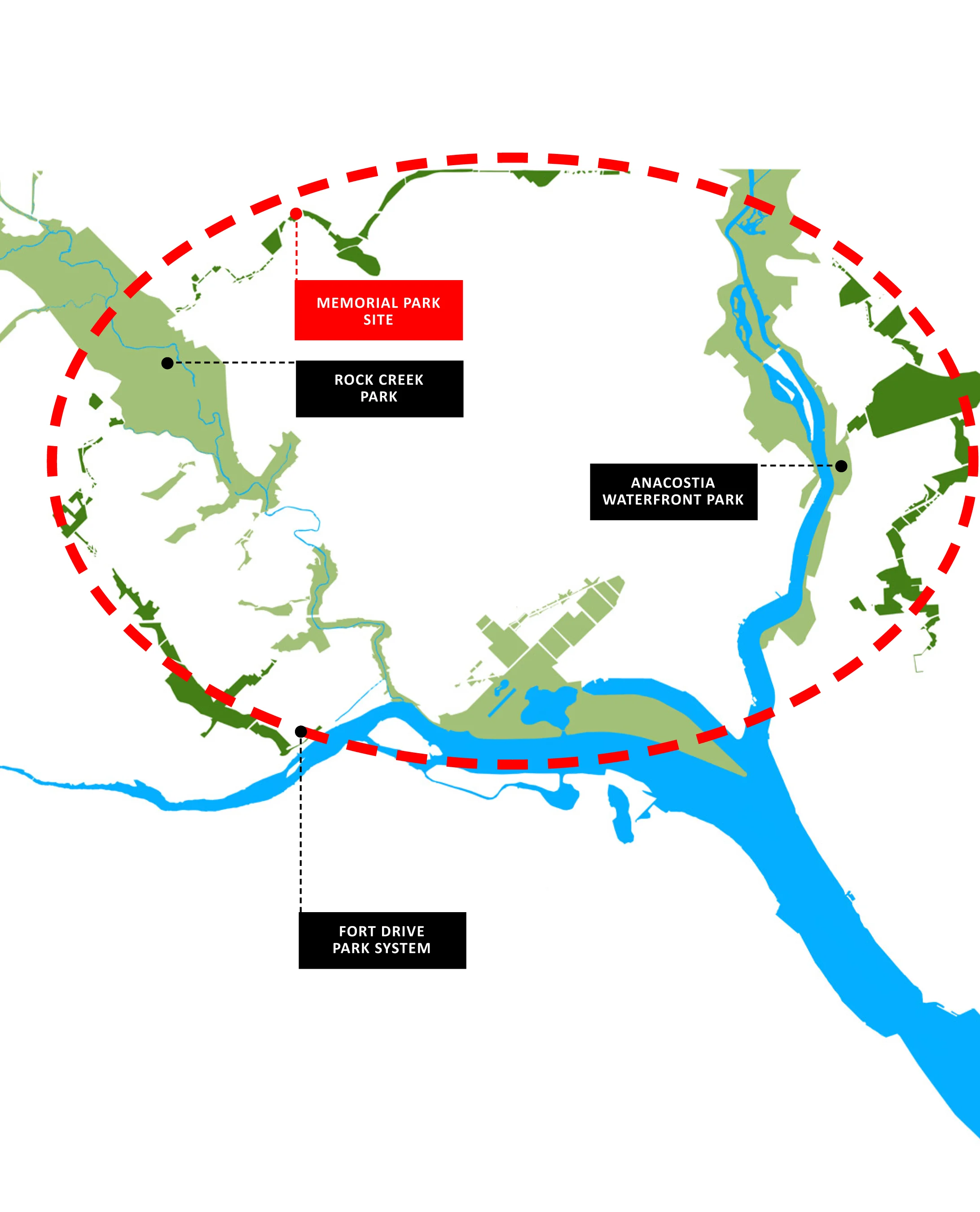 Site Location Plan: The site for the Legacy Memorial Park occupies a small parcel of the Fort Drive Park System, at the junction of Fort Totten, Lamond Riggs, and Manor Park neighborhoods.