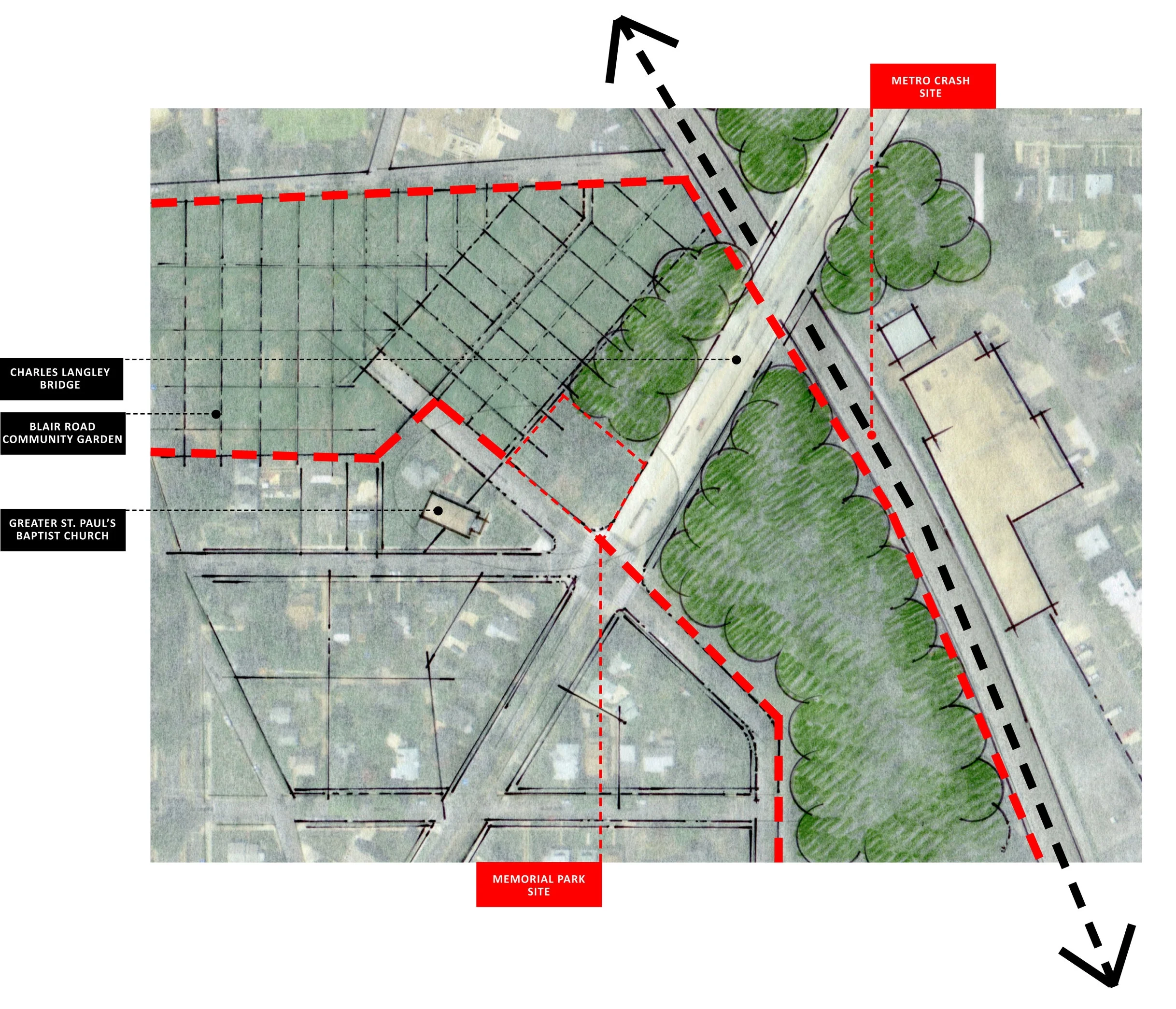 Existing Site Plan: A swath of expropriation has left a ragged edge in the urban fabric which the church building and the community gardeners have attempted to repair. 