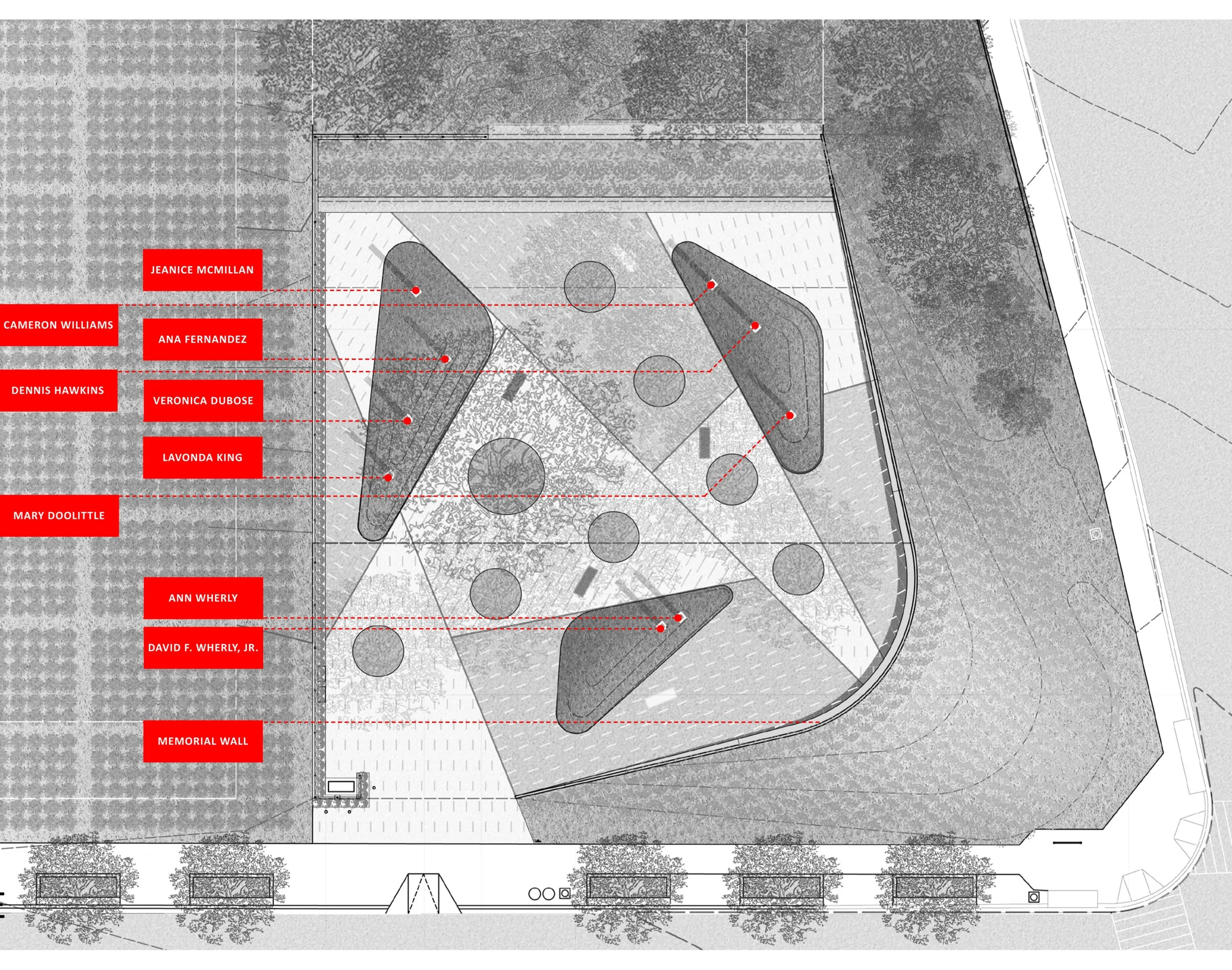 Memorial Sculpture Location Plan: To honor the victims of the accident, nine singular abstract forms by sculptor Barbara Josephs Liotta, one for each victim, would rise in groupings from landscaped mounds.