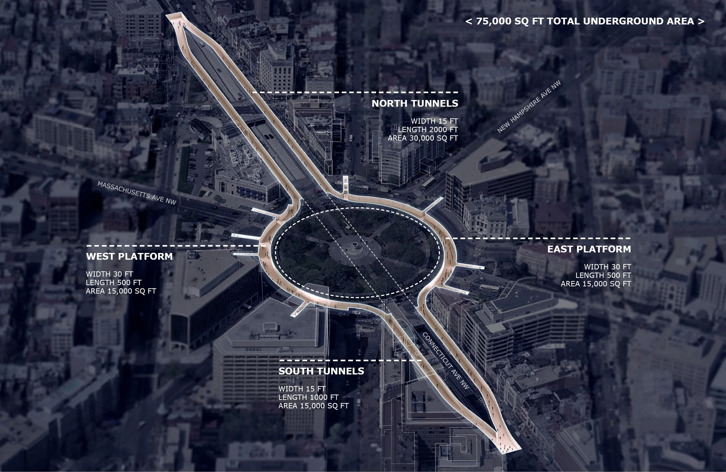 Site Plan: The former streetcar station consists of two platforms and two sets of tunnels.