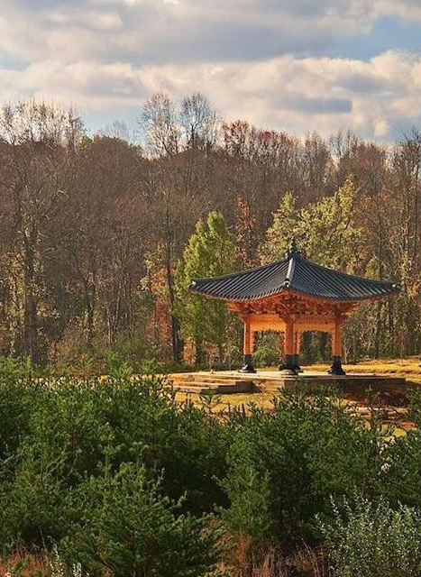 The Korean Bell Garden Meadowlark Botanical Garden We were approached by prominent artist David Chung, who had been selected by the Korean American Cultural Committee, to help with the design and construction of a garden and bell pavilion for the Korean community of the Washington metropolitan region. The five-acre site is located within the Meadowlark Botanical Garden and had to fit within the pre-existing master plan oriented around a lake. The design links and clarifies an existing path system but goes further by giving explicit emphasis to the importance of the water by making the entry to the garden a viewing platform and a gathering place at the edge of the lake.