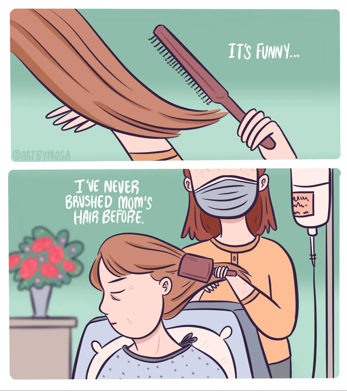“Mom’s Hair” (2021)
This comic is from 2021, when my mom was hospitalized for severe injuries. It has been a long journey of physical and emotional healing, and I’m so proud of how far she’s come. She’s walking wh