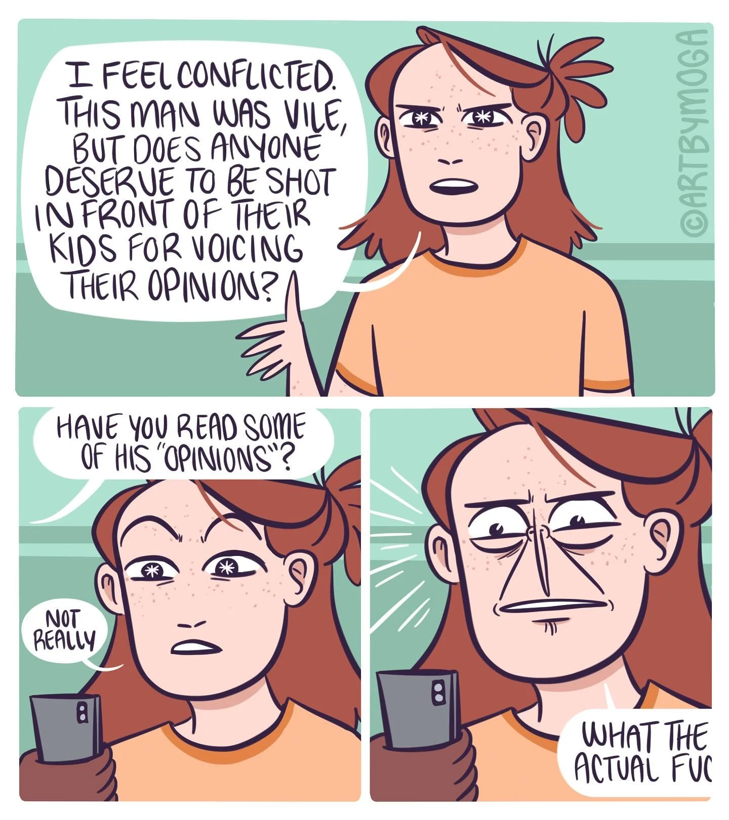 UPDATED COMIC A good friend pointed out that calling racist, homophobic, transphobic, misogynist, xenophobic, etc. comments “opinions” gives them weight/debate they do not deserve. So I put “opinions” in quotes in the second p