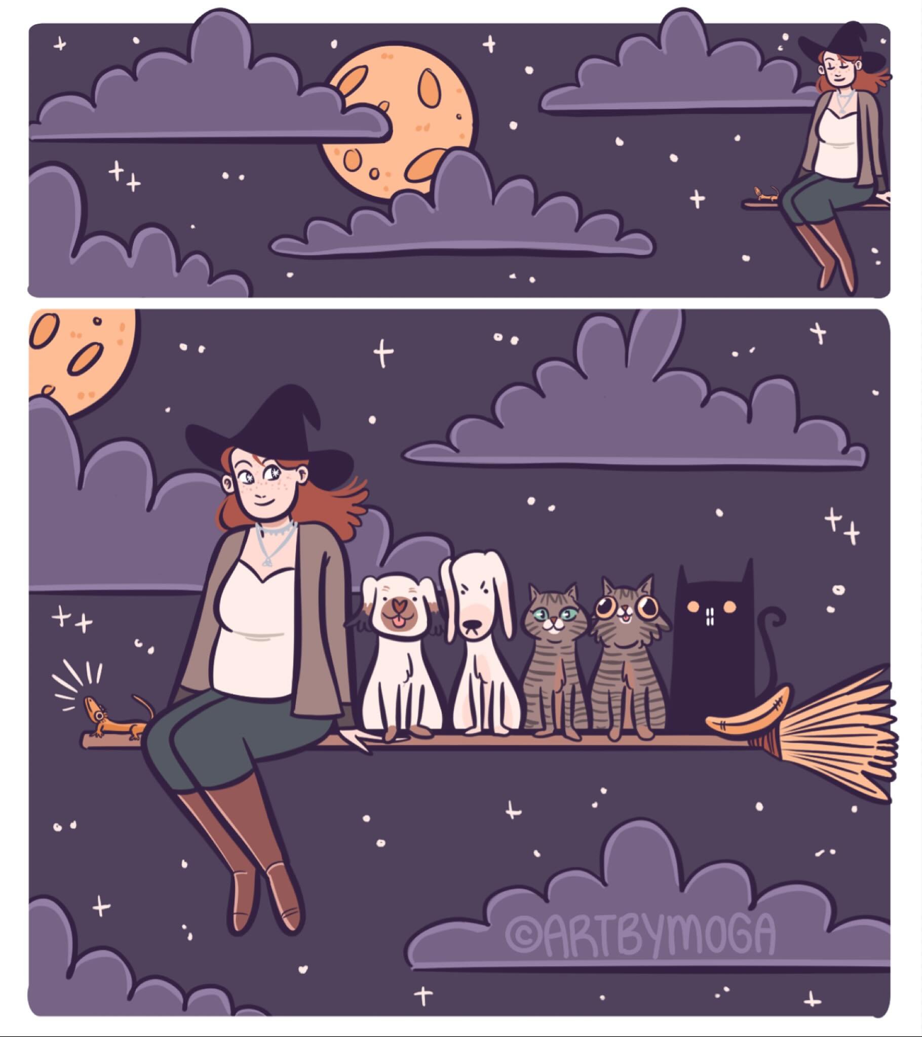 Just a witch and her familiars. 🦎🐶🐶🐱🐱🐱
Originally drawn for #comictober2025