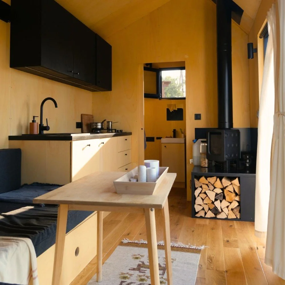  Interior of REDUKT PURA tiny house - private asylium in Austria. 