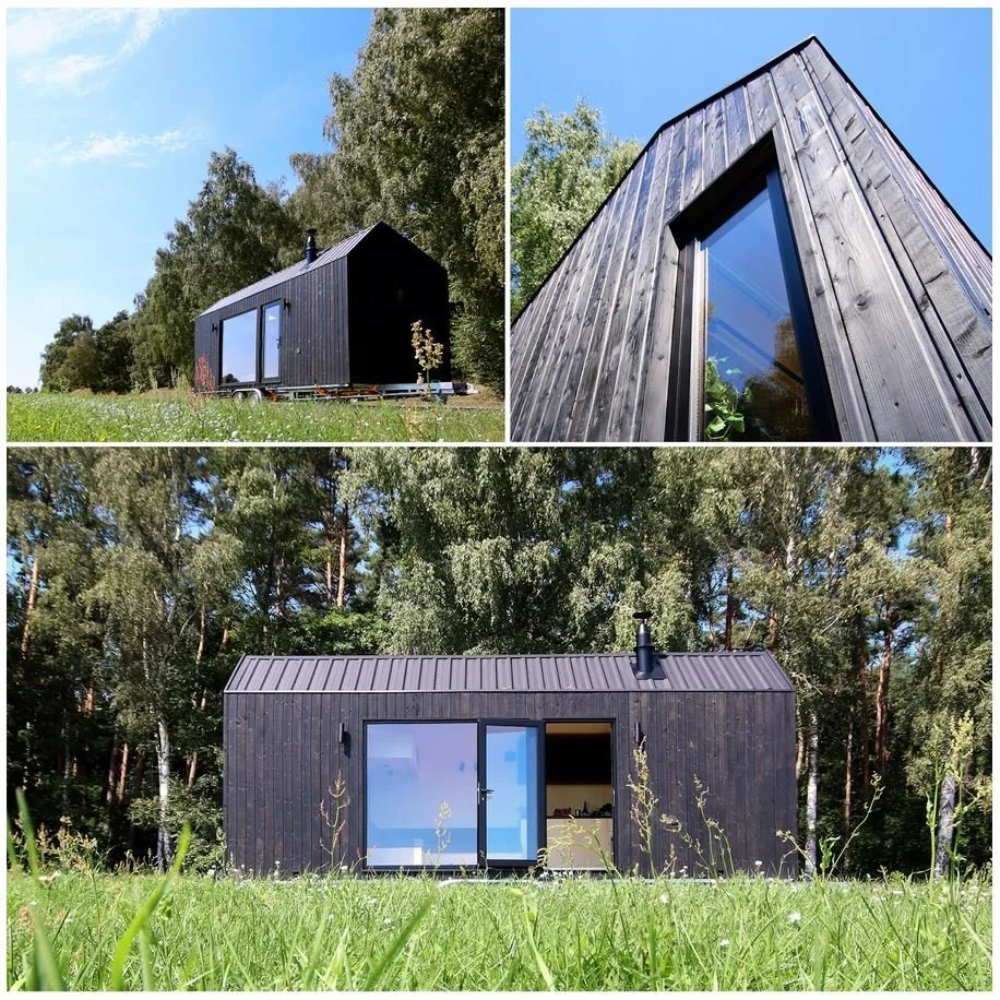 Dunkel gestrichene Holzfassaden verleihen unseren Häusern auf Rädern ein modernes, zeitloses und natürliches Aussehen. Foto: REDUKT