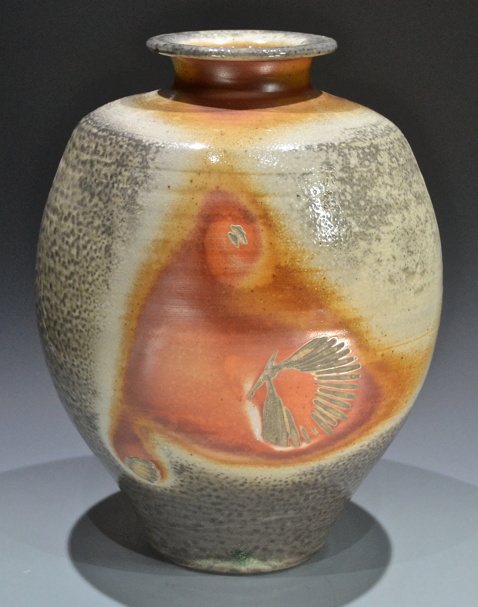 white stoneware vase, 15" x 11", wood/soda fired to cone 12