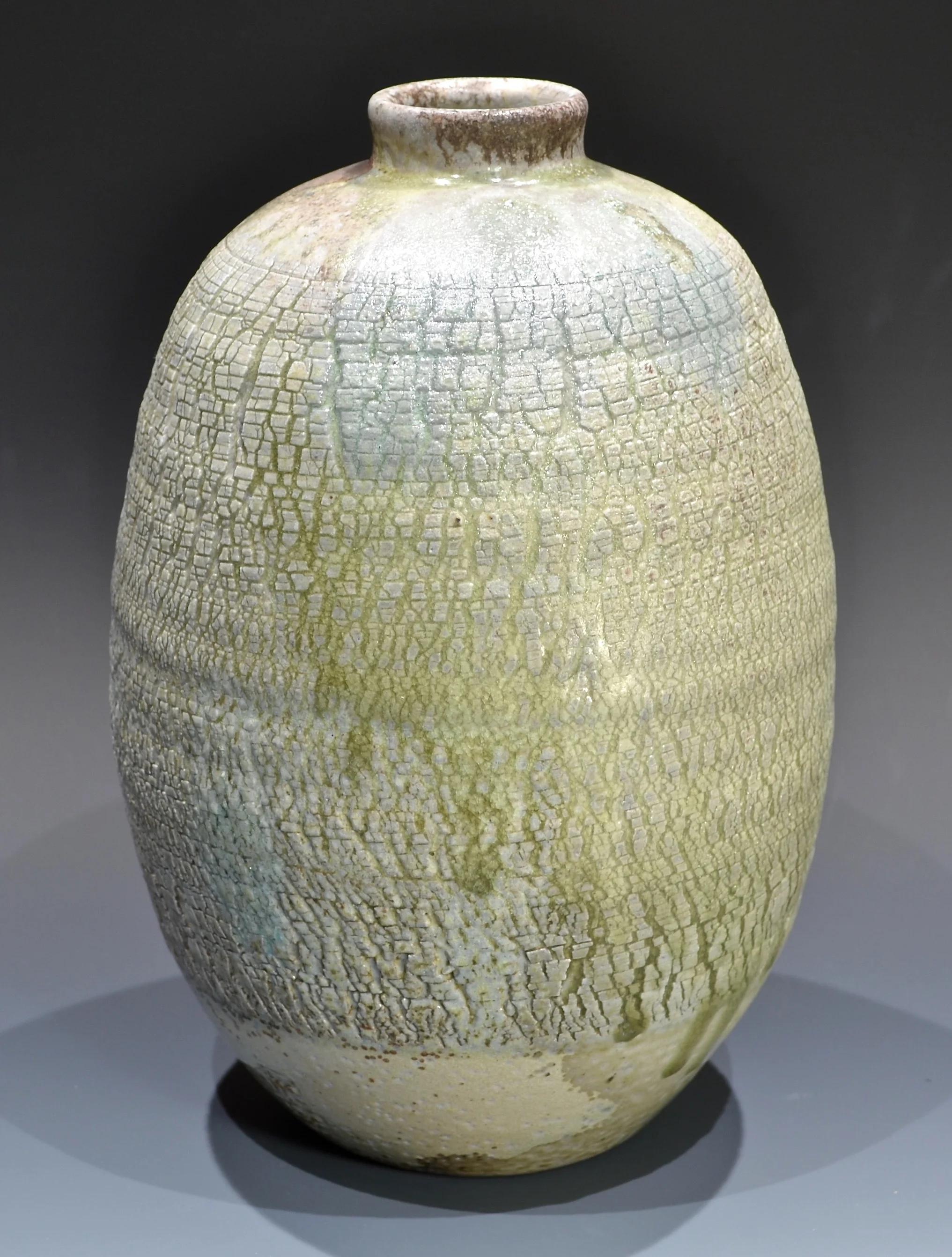 white stoneware bottle, 10" x 6", anagama fired to cone 12