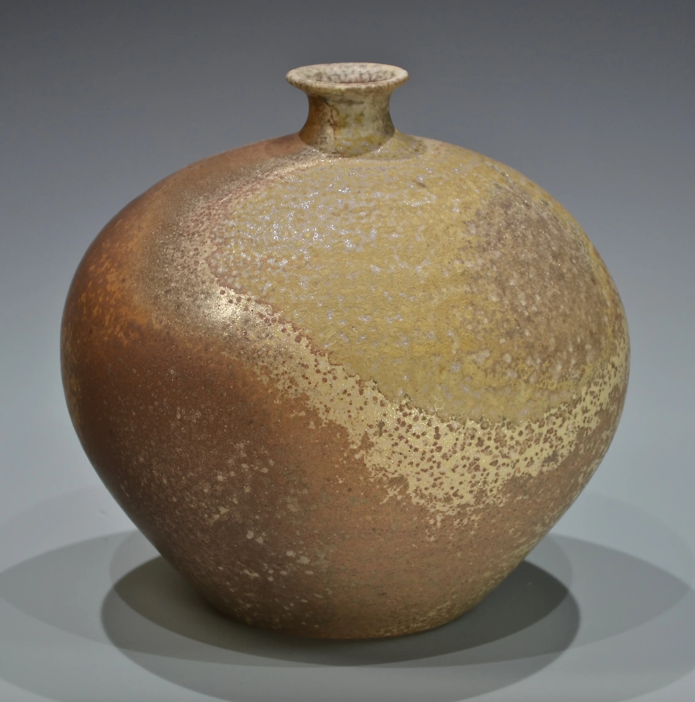 white stoneware bottle, 7" x 7", anagama fired to cone 11