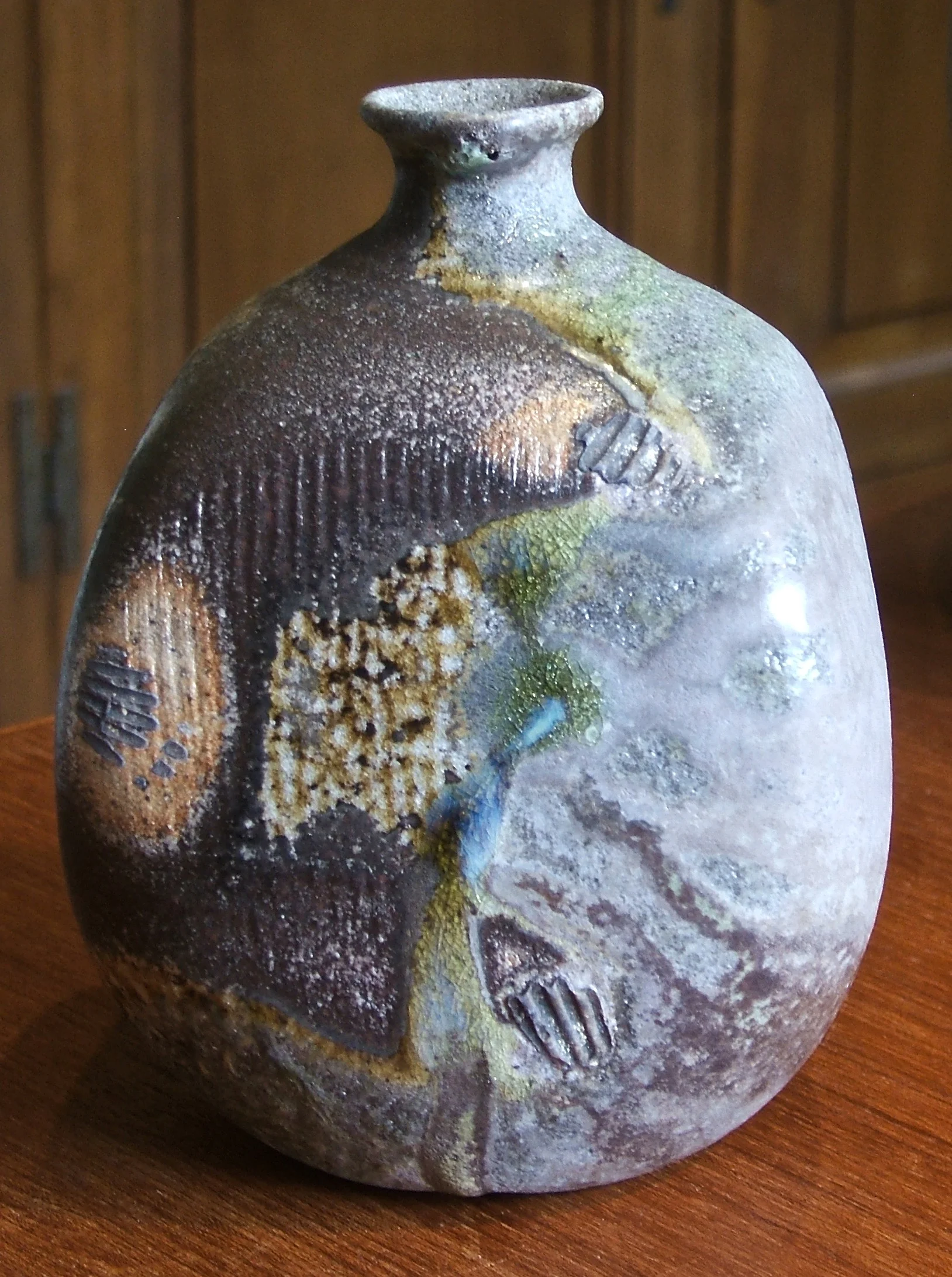 stoneware bottle, 7" x 5.5", anagama fired to cone 13