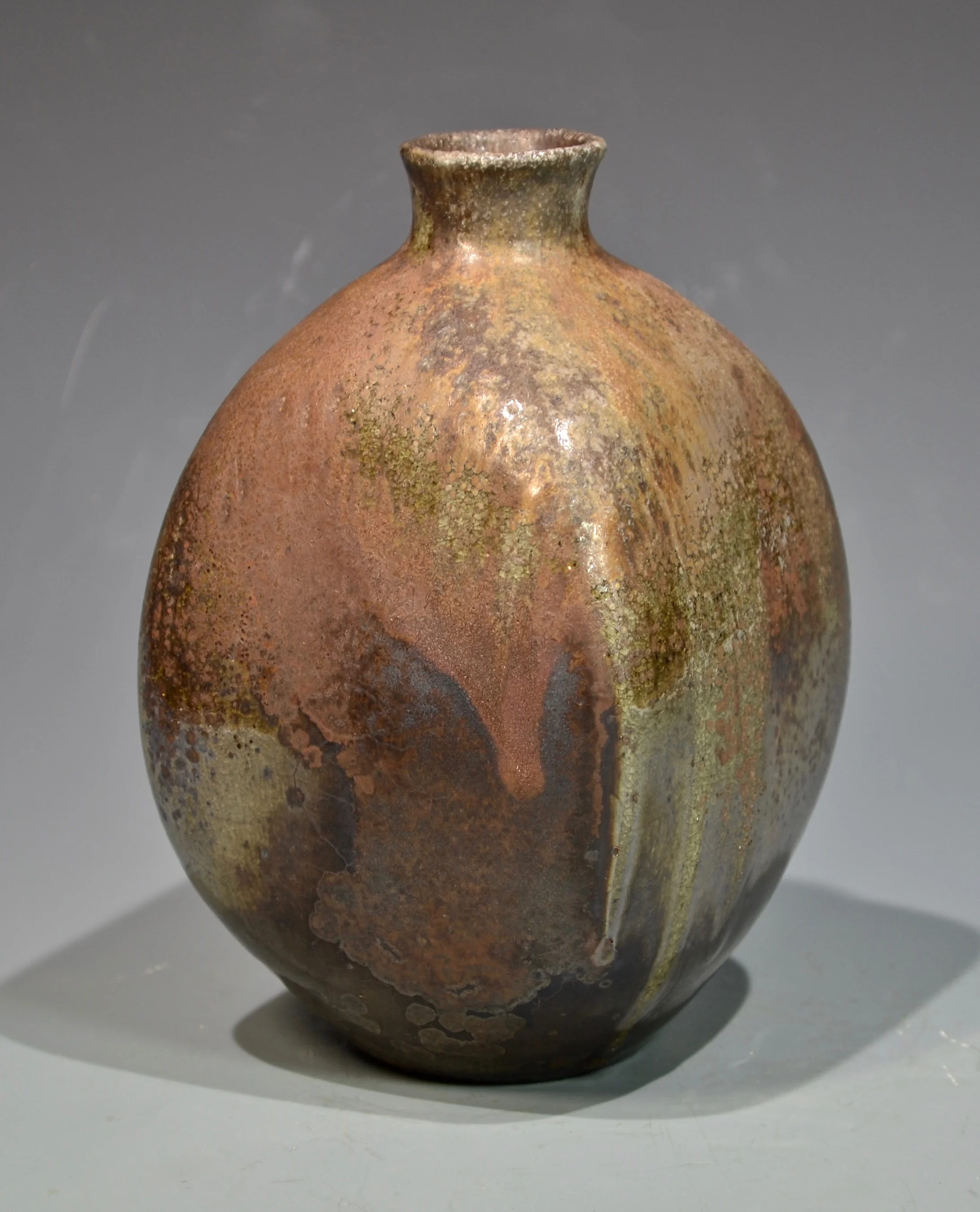 stoneware bottle, 6” x 4’, anagama fired to cone 12