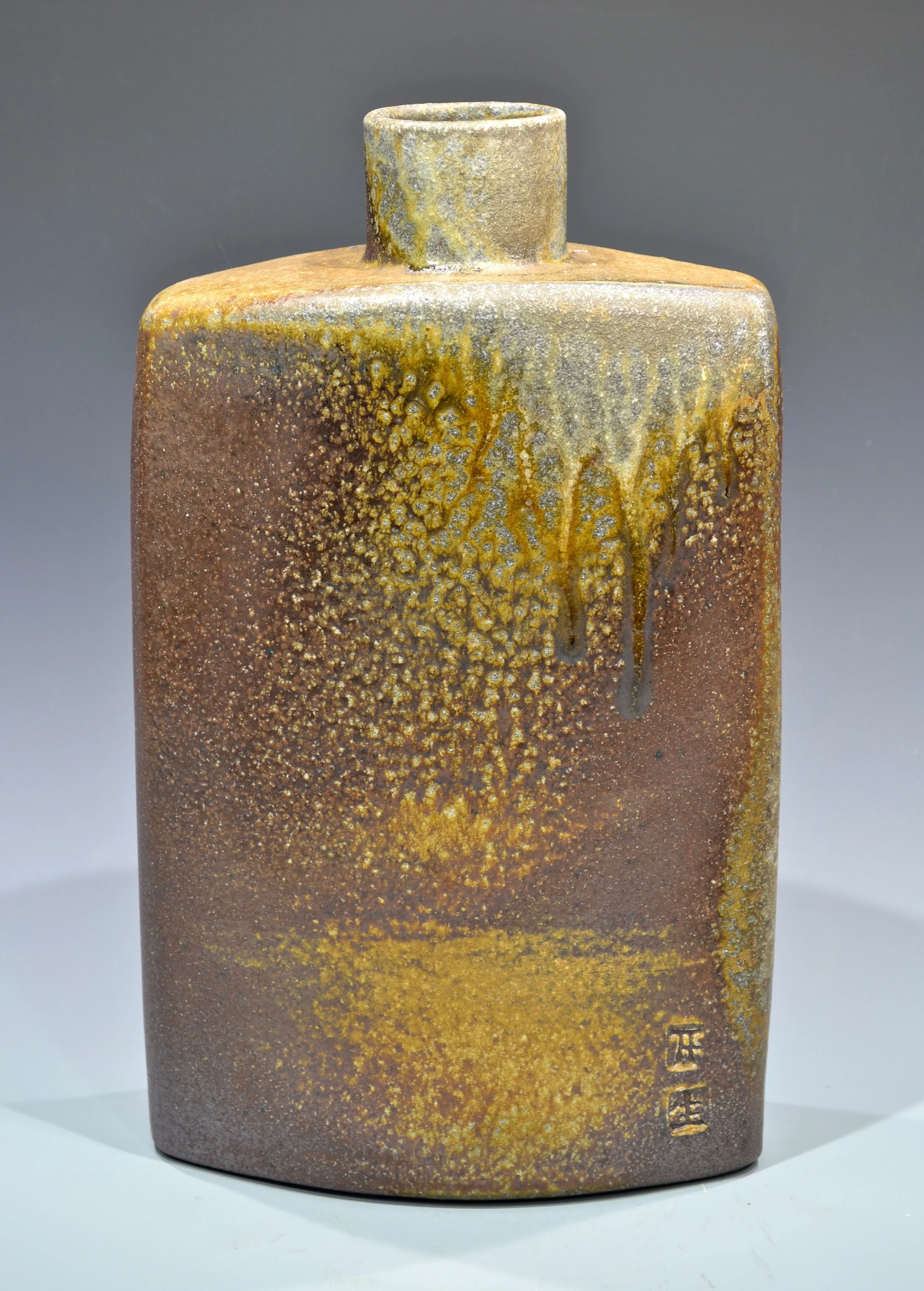 stoneware bottle, 12’ x 7”, anagama fired to cone 11