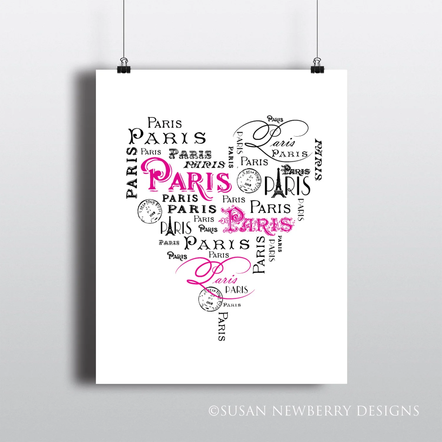 Paris Heart Typography Word Art Print French Inspired Teen Tween Art French Country Heart Typography Wall Decor Bedroom Decor Susan Newberry
