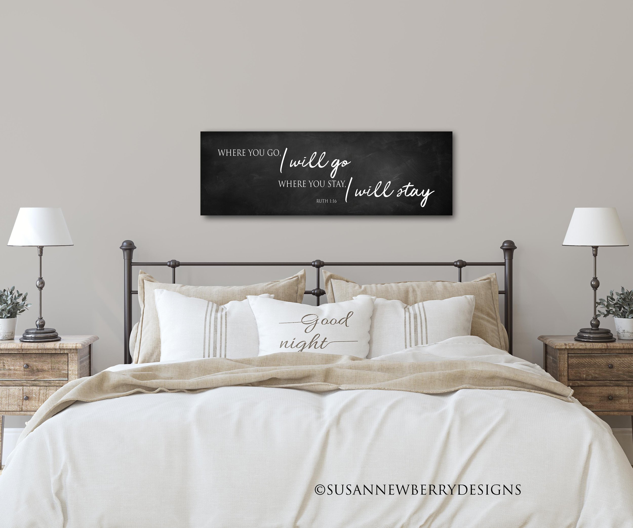 Where you go Dark Chalkboard Canvas hung over bed