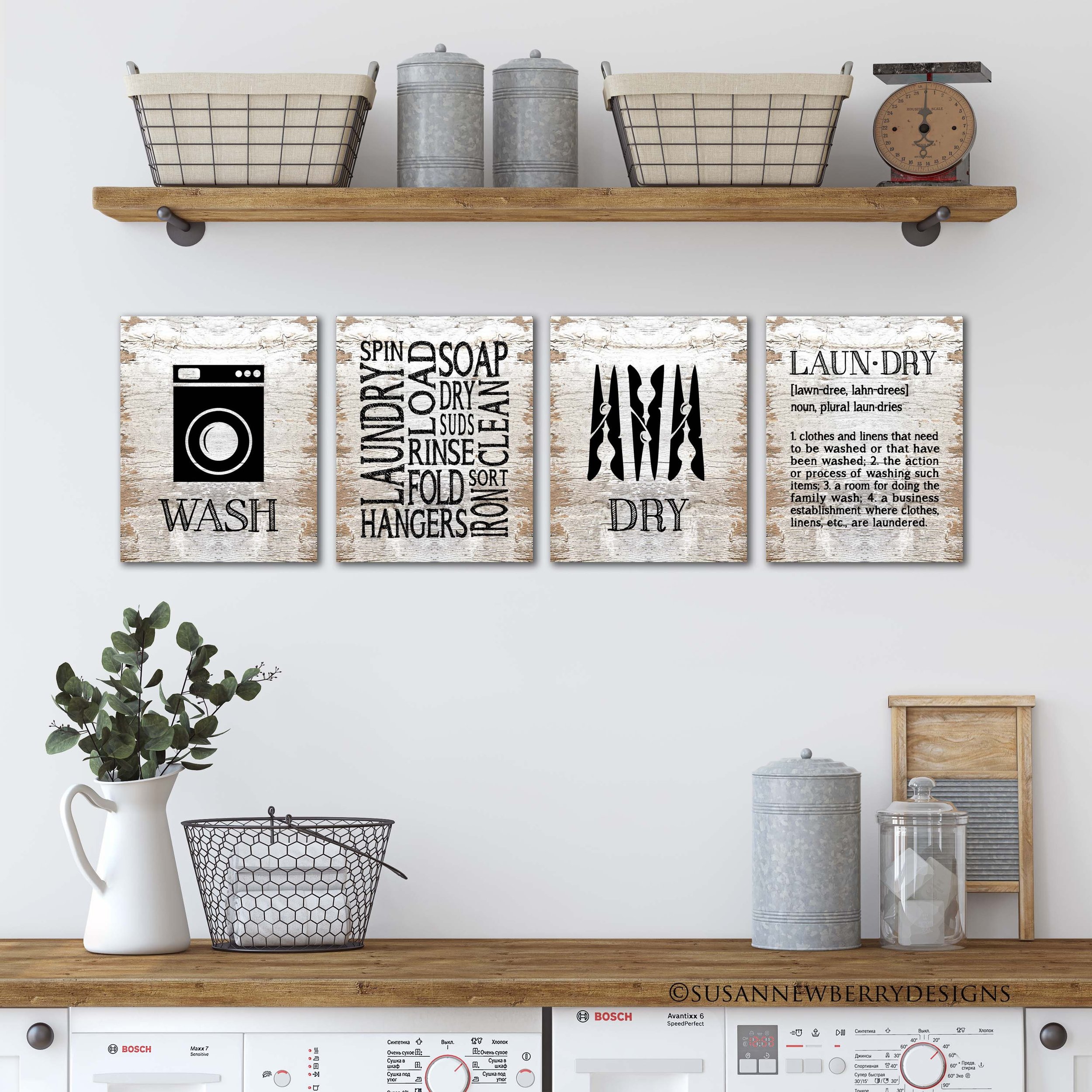 Laundry symbols set of 4 FH 14 canvases over shelf
