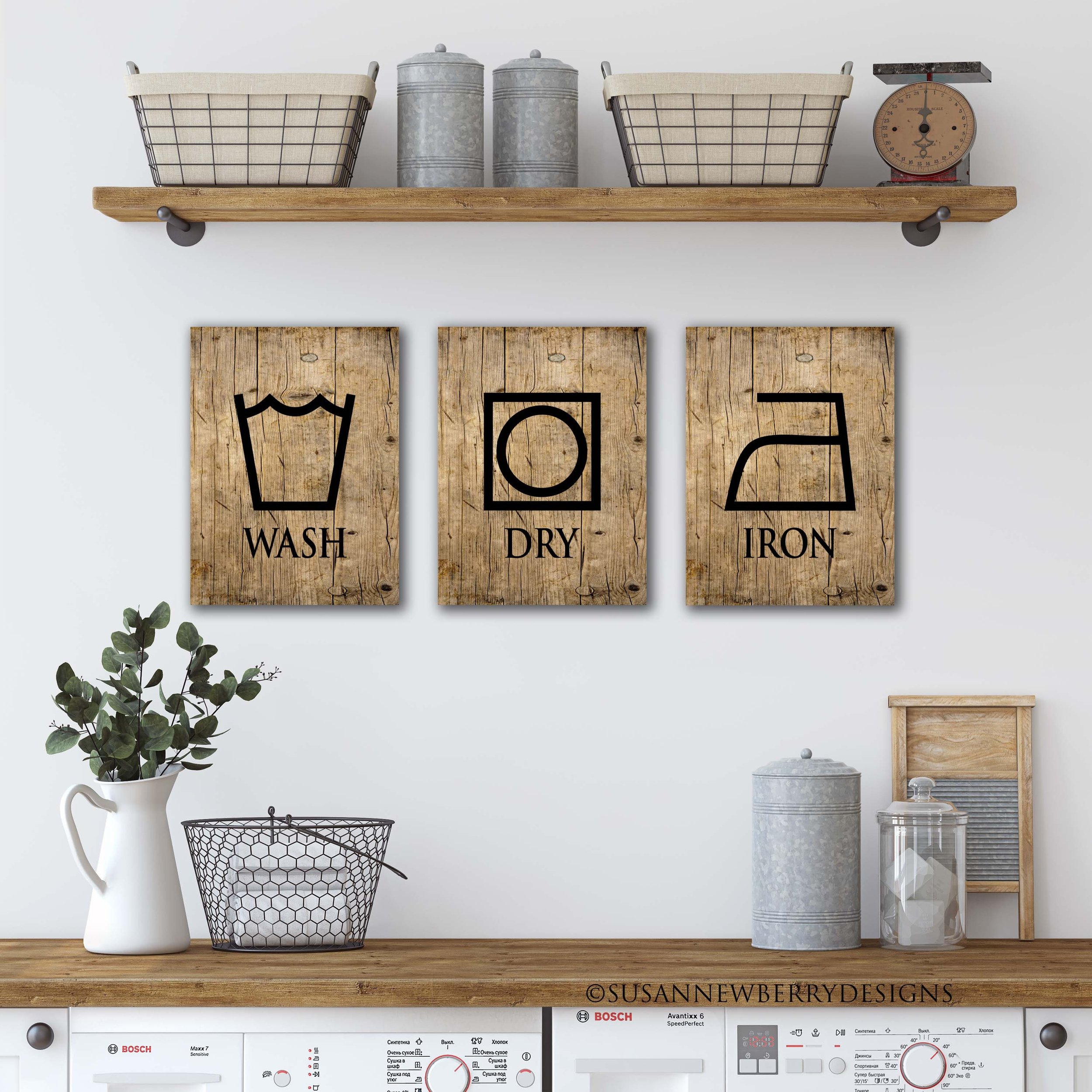 Wash Dry Iron set of 3 FH20 canvases hung above shelf
