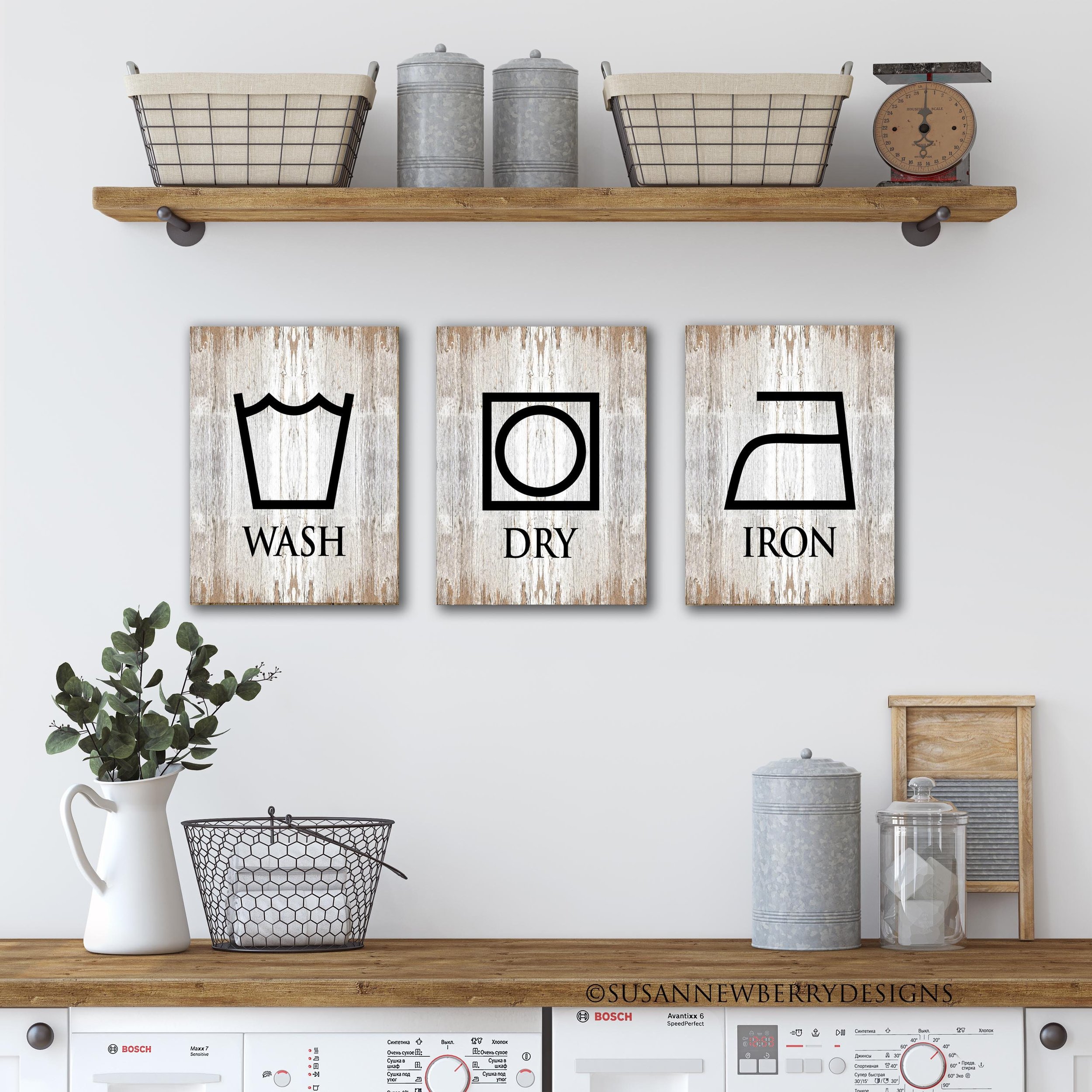 Wash Dry Iron Set of 3 FH 14 Canvases hung above shelf