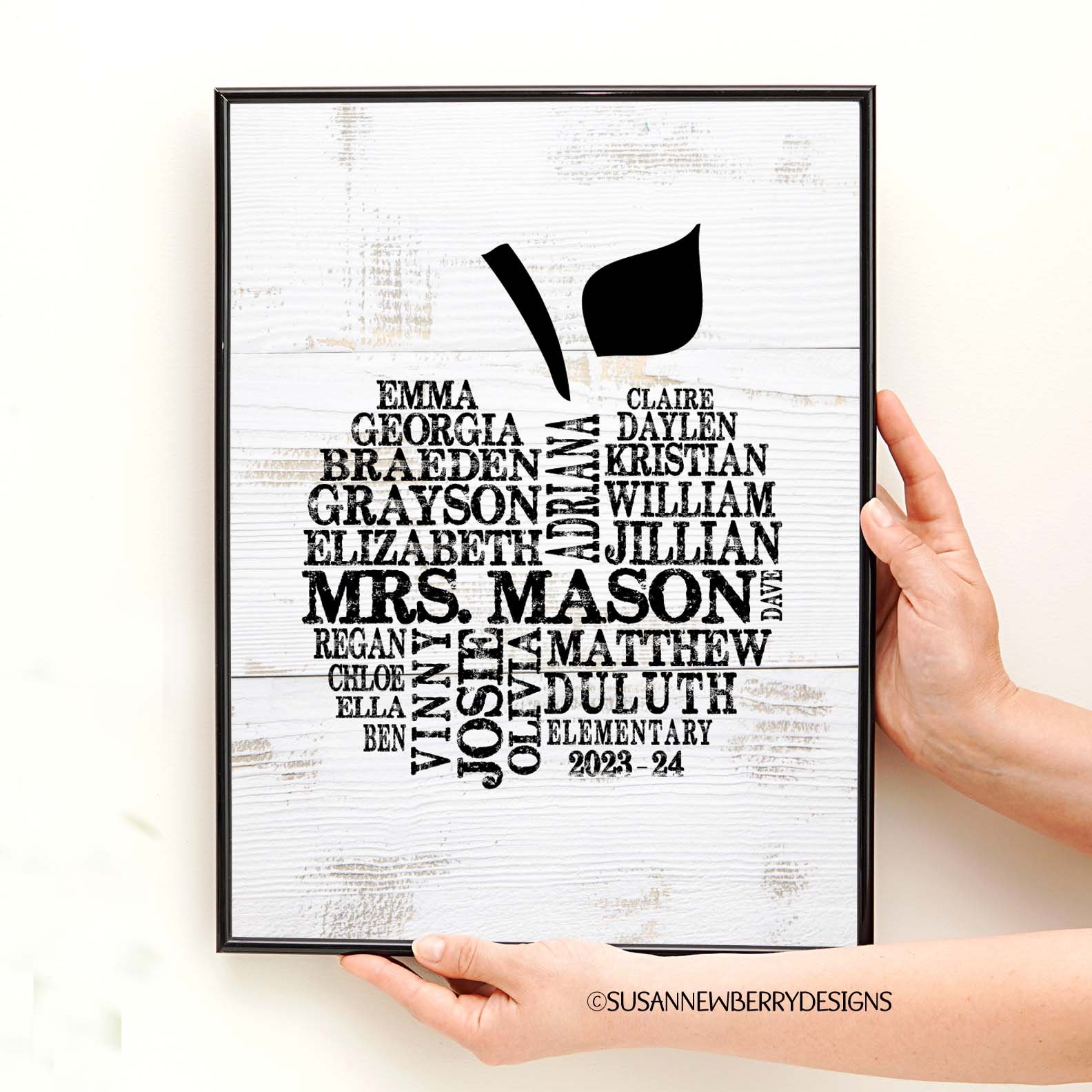 Custom-apple-teacher-word-cloud-shown-with-add-on-thin-black-frame