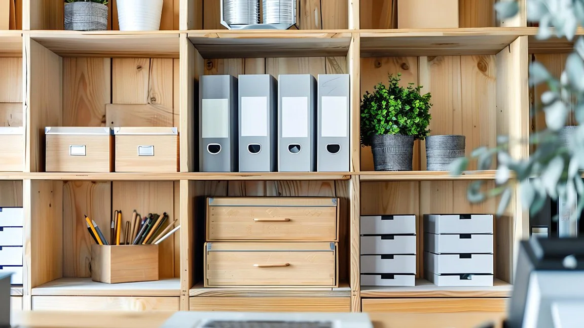 Organized shelves in office