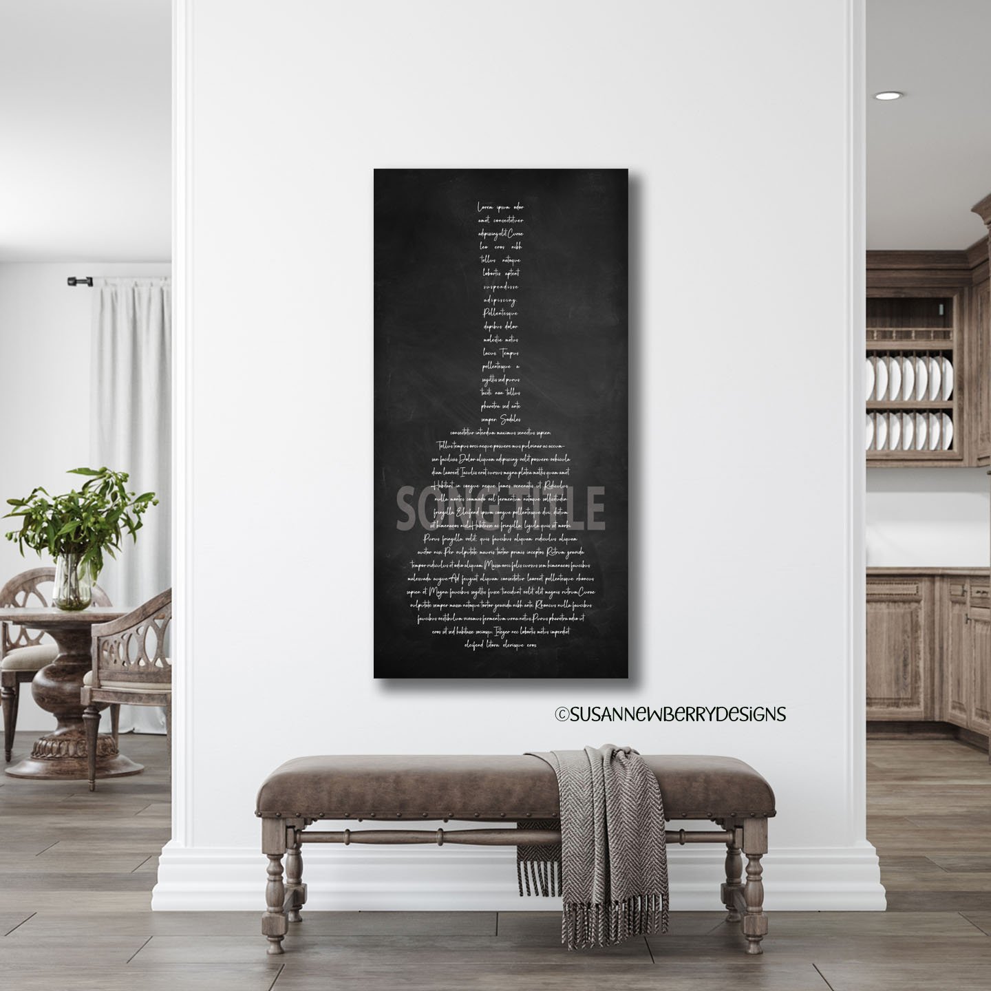 Guitar shape song lyrics Dark Chalkboard Canvas hanging over bench
