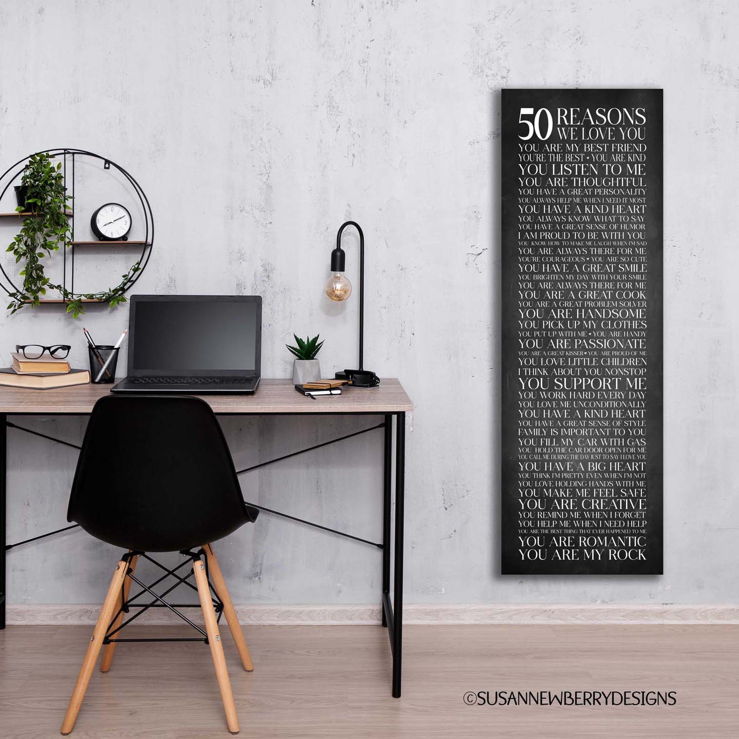 50 Reasons We love you Dark Chalkboard canvas hung next to desk