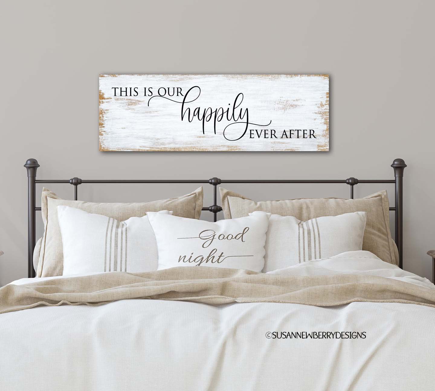 This is our happily FH 21 canvas hung over bed