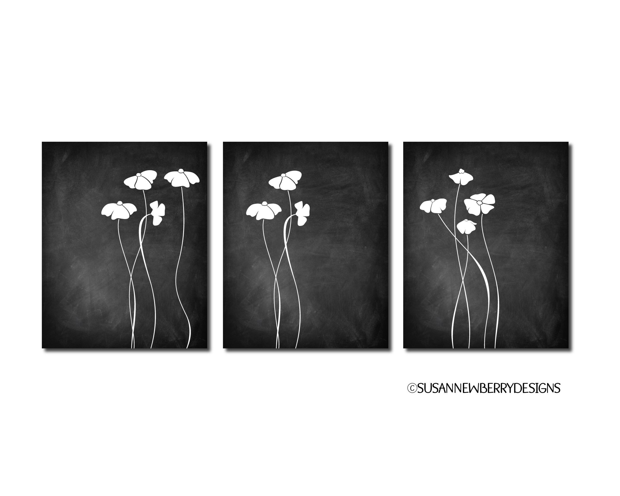 Modern-Flower-Wall-Art-Trio-Dark-Chalkboard-canvas