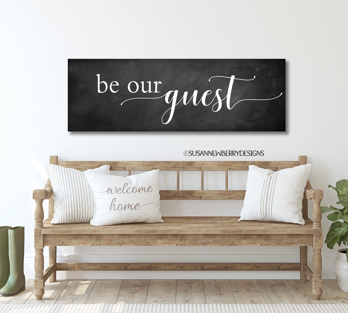 Be our guest Dark Chalkboard Canvas hung over bench