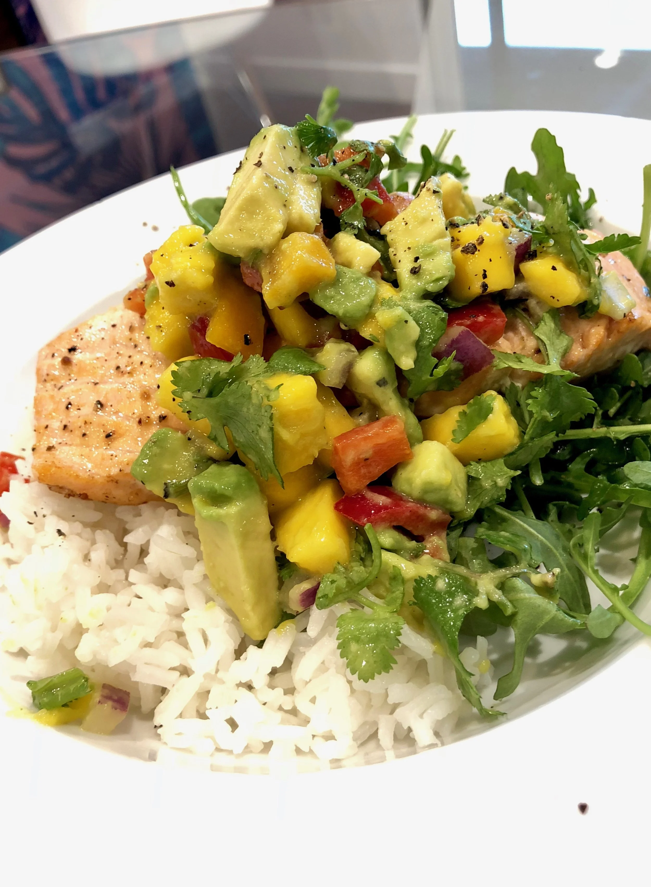 Mango Salsa Crispy Salmon on Coconut Rice 