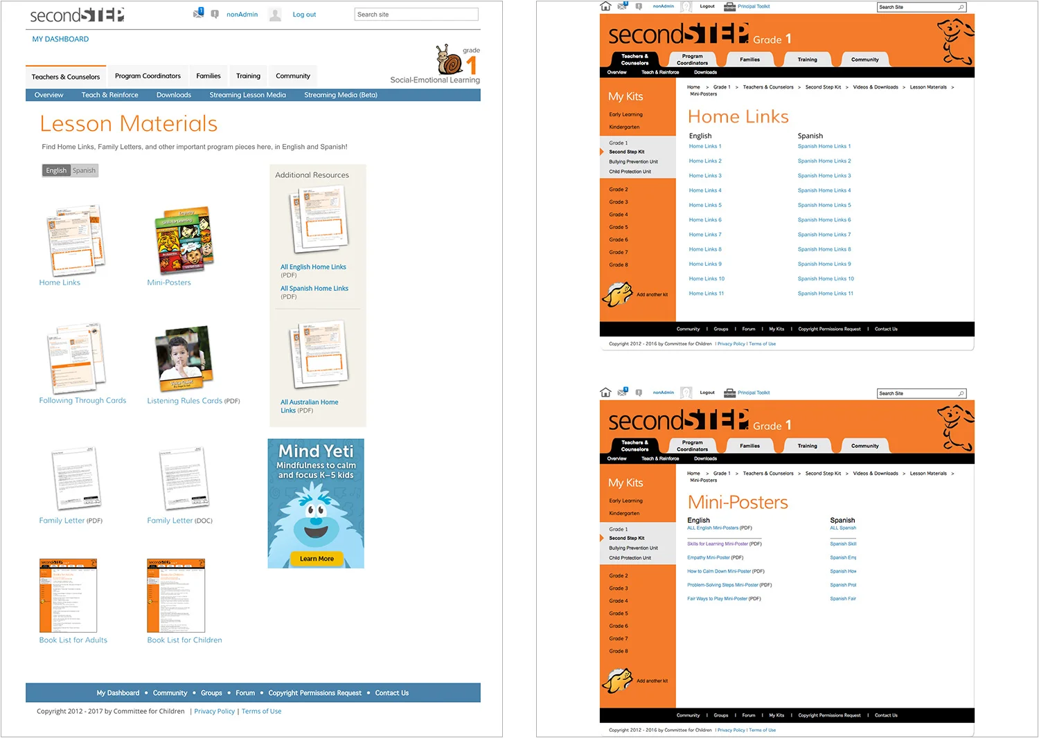 Redesigned lesson materials page (left), original English and Spanish lesson materials pages (right). l lead the redesign of all program and grade content. We created more compelling pages, utilizing icons and visual layouts in place of