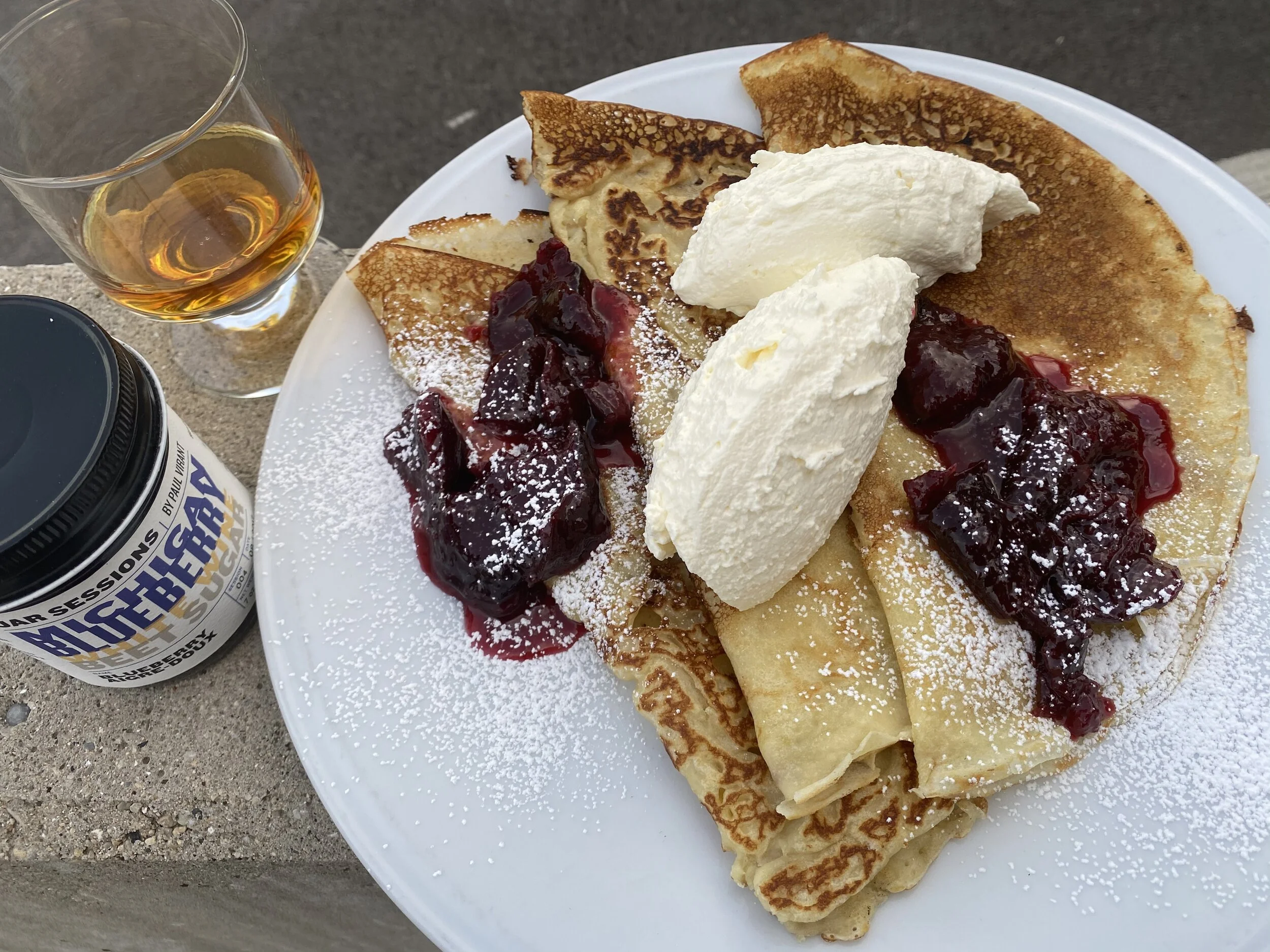 Pönnukökur (Icelandic Pancakes) With Sweetened Skyr and Preserved Blueberries