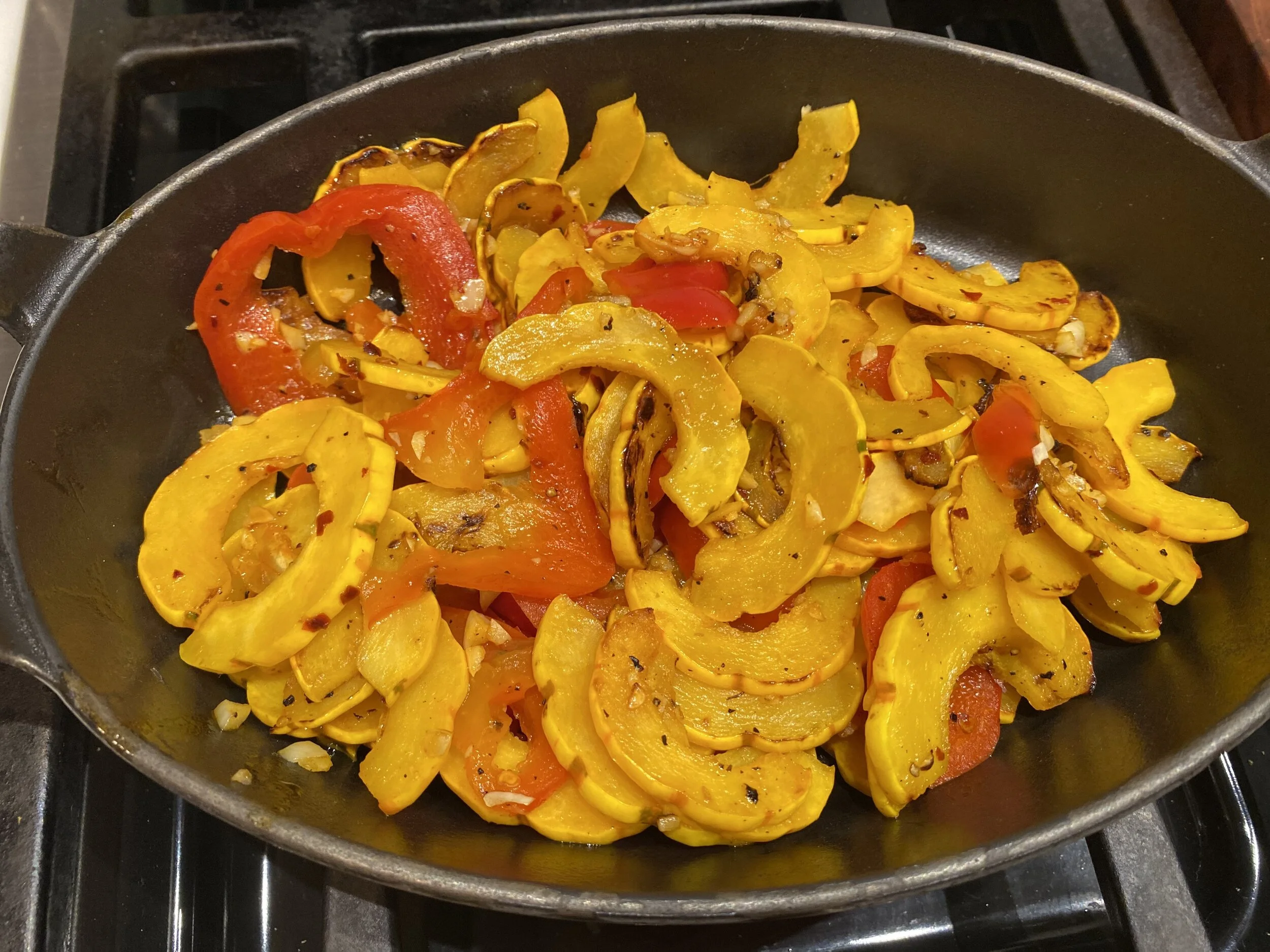 Roasted Delicata Squash With Garlic, Chili Flake and Pickled Sweet Peppers