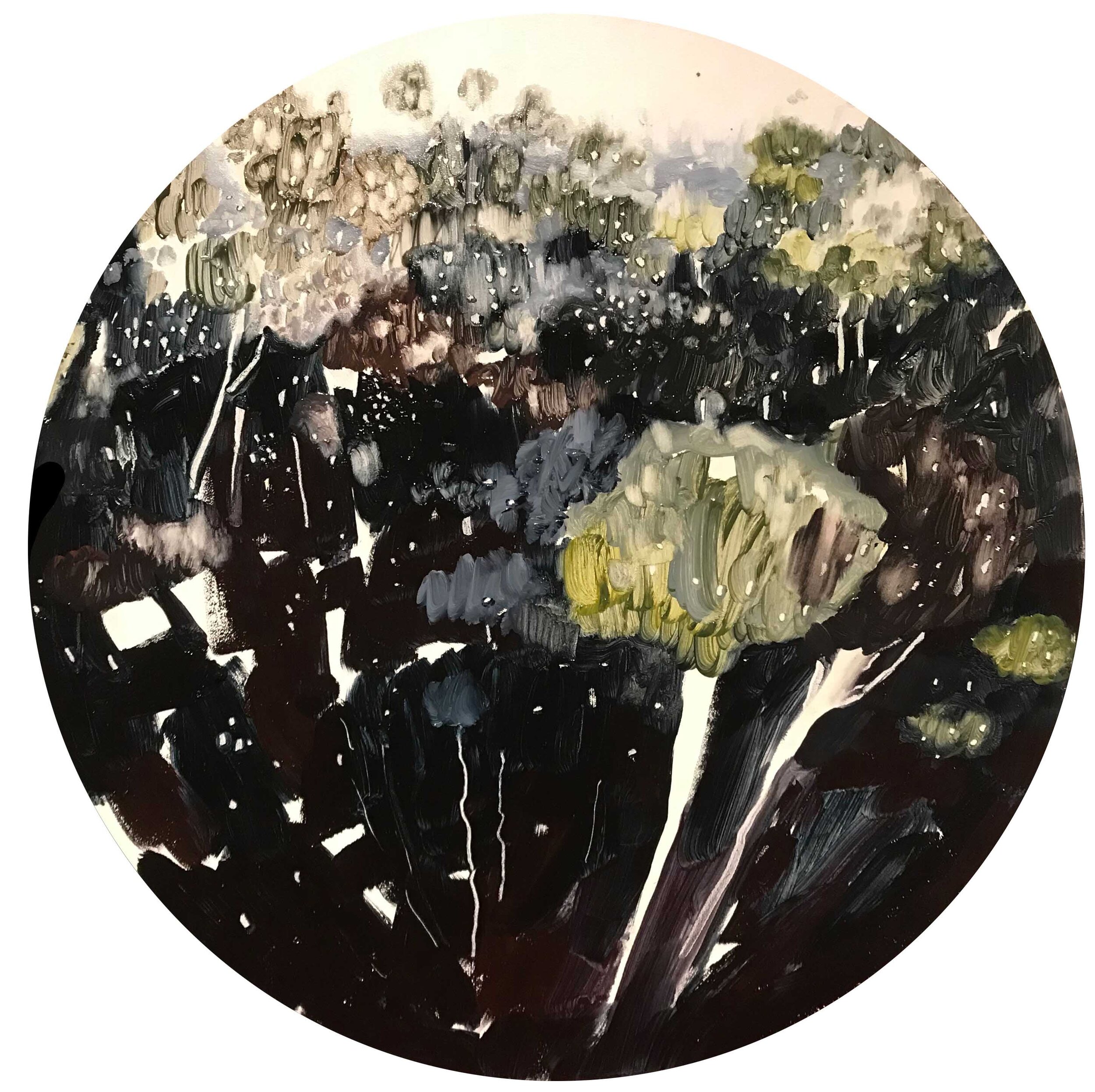  'Float i'. 2019. Oil on canvas board. 50cm diameter 