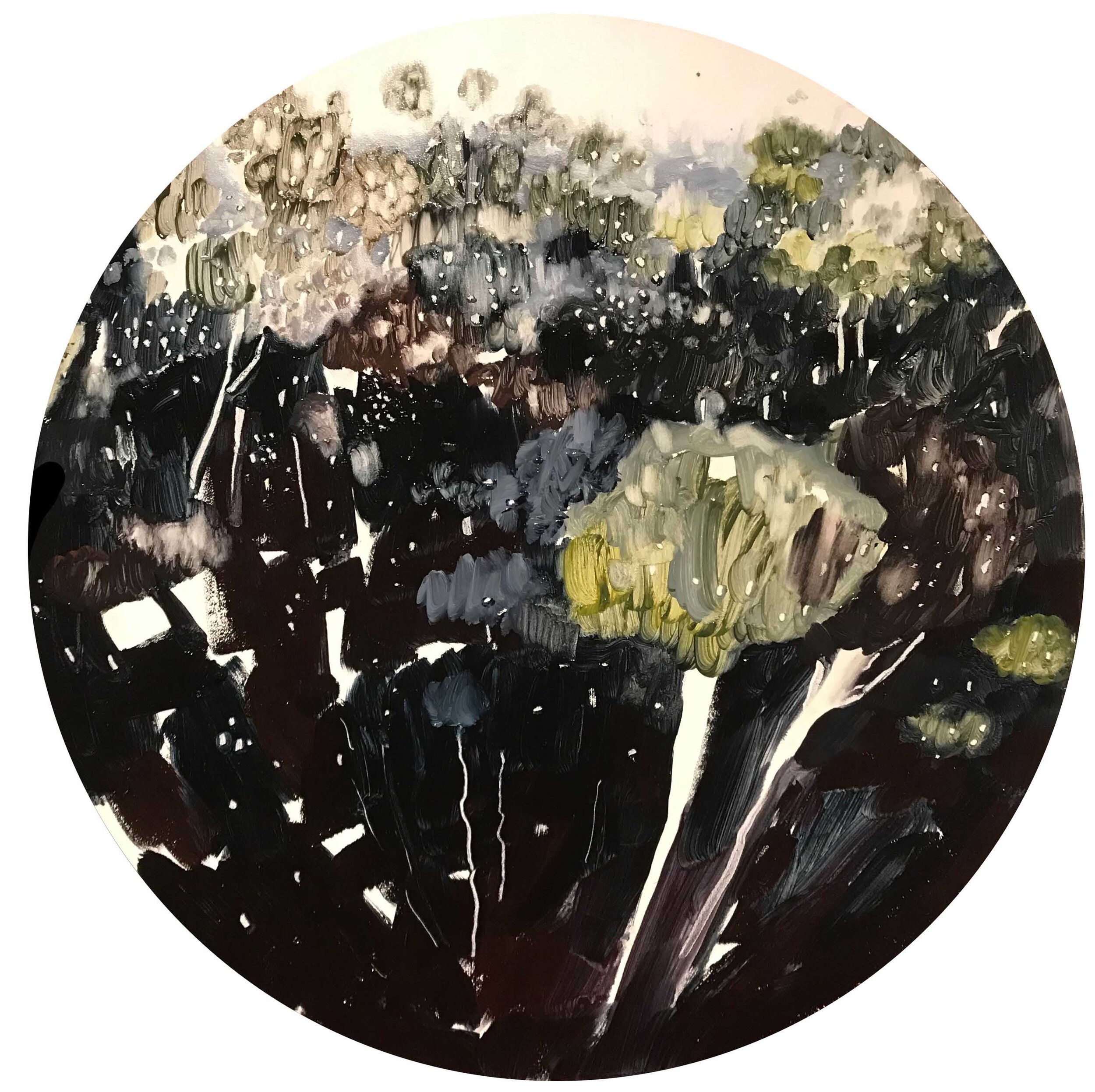 'Float i'. 2019. Oil on canvas board. 50cm diameter