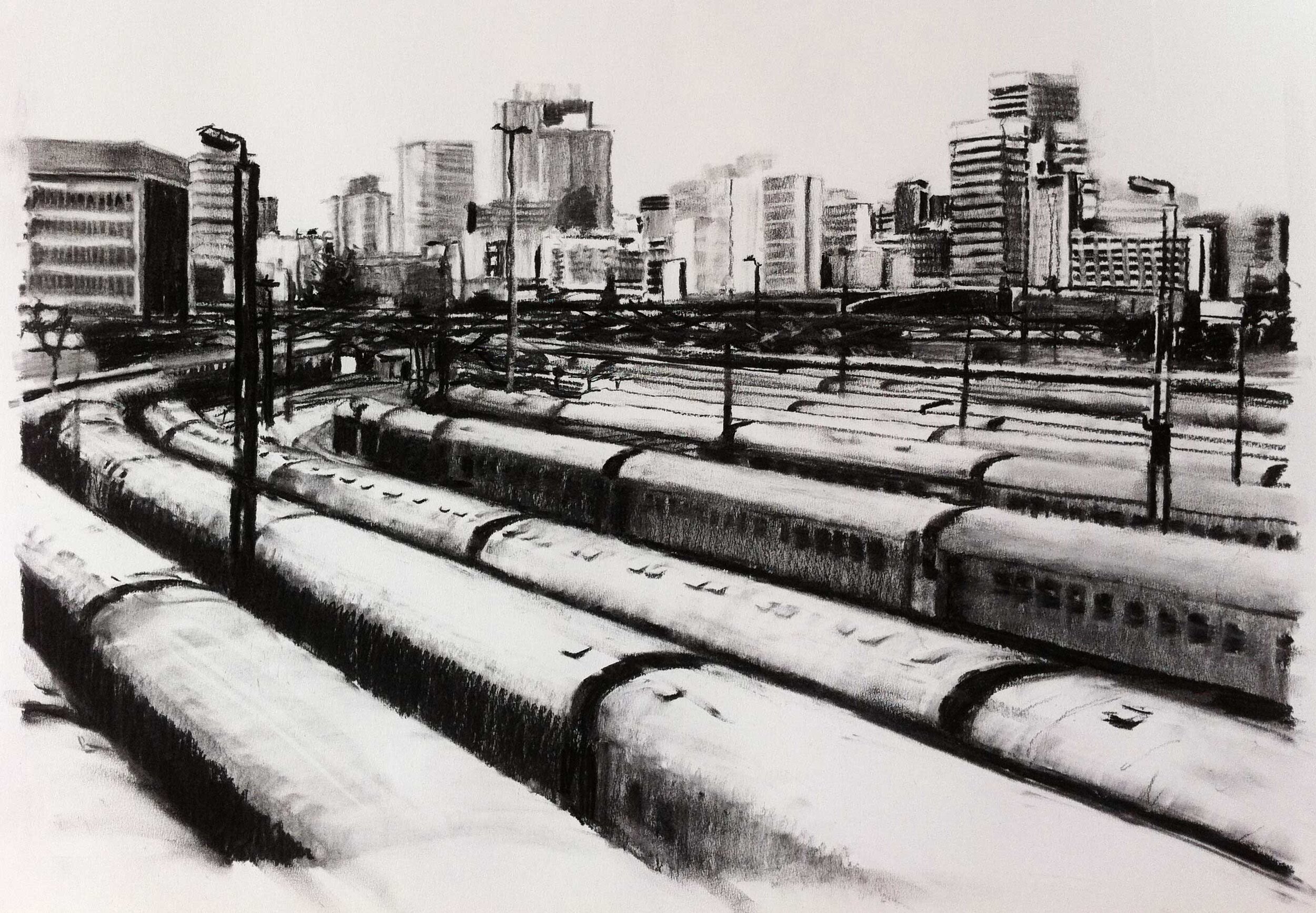  'City Suction i'. 2011. Charcoal on paper. 60cm x 42cm.  