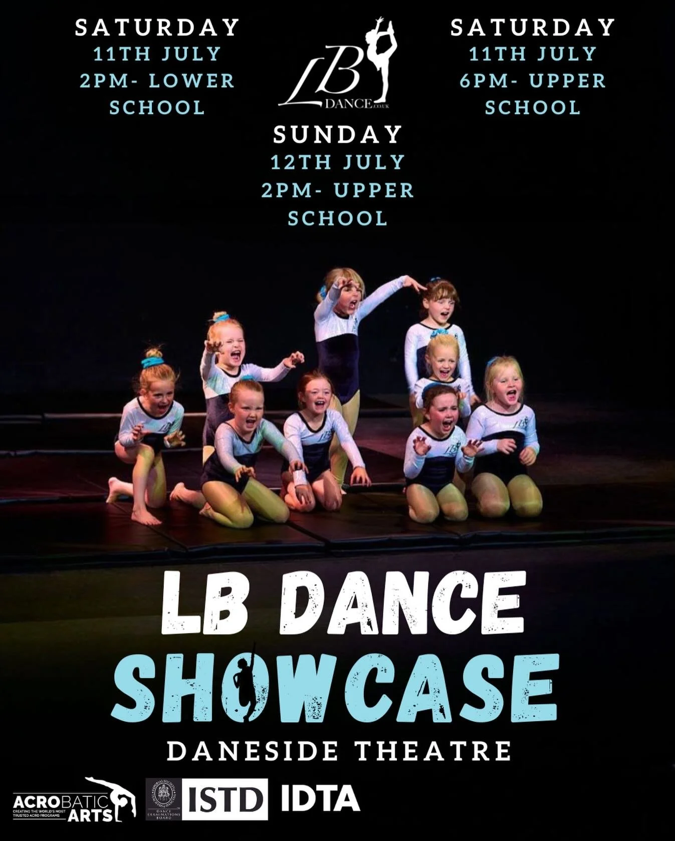 LB Dance Showcase 2026🩵
&bull;
Daneside Theatre
&bull;
Saturday 11th July- 2PM / Lower school performance
Saturday 11th July- 6PM / Upper school performance 
Sunday 12th July- 2PM / Upper school performance