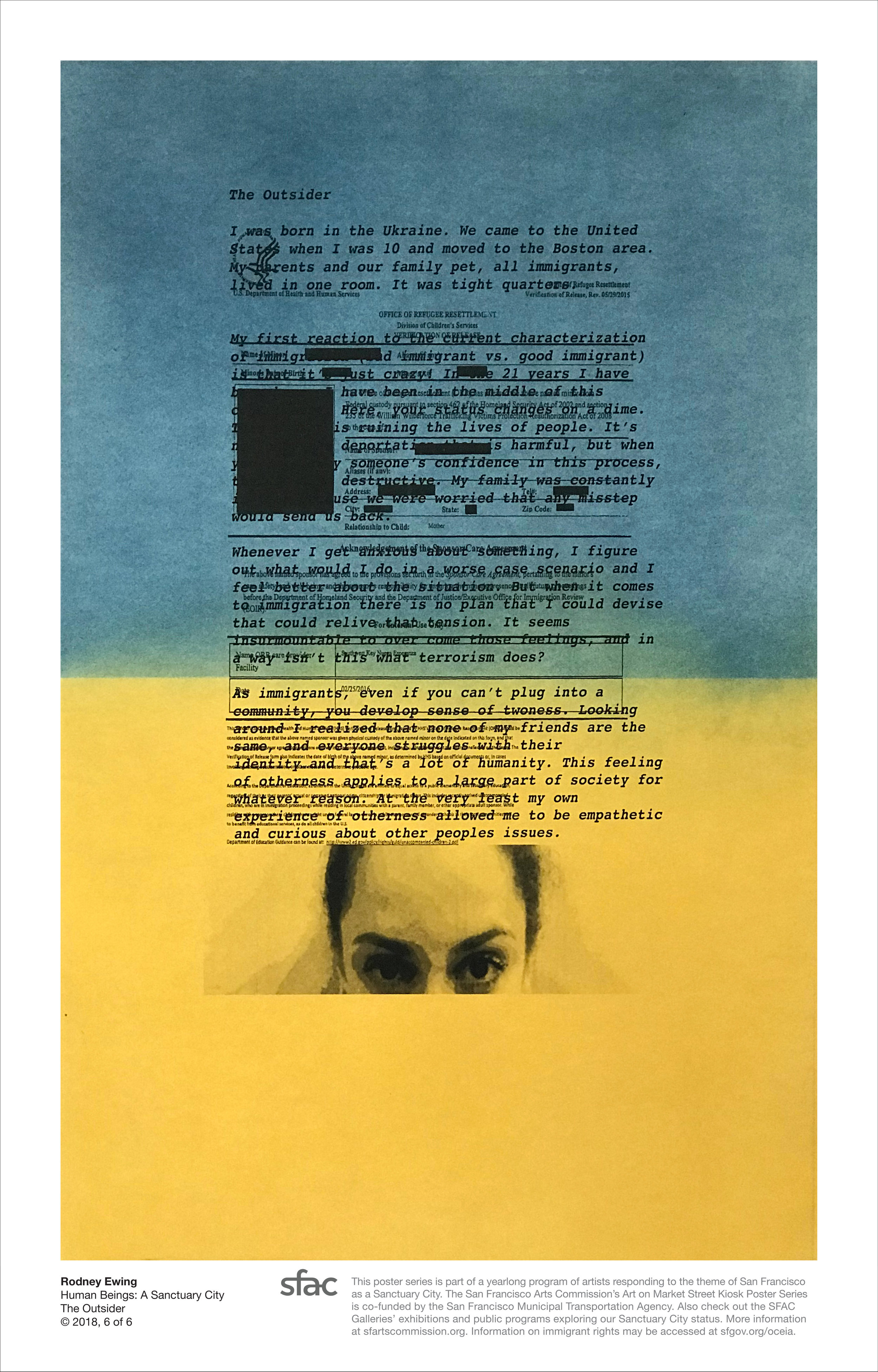 Image: Rodney Ewing, Human Beings: Sanctuary City: The Outsider, 2018, Dry pigment and silk screen on paper, 29 x 41 in., Commissioned by SFAC for the Art on Market Street Kiosk Poster series, ©Rodney Ewing