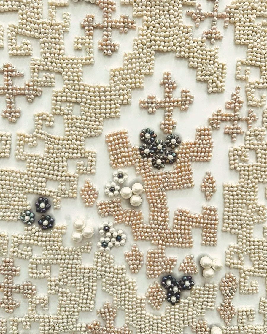  Charlene Tan,  Researching and Remembering Freshwater Pearl , Cream, pink, black, white pearls, PVA, glue, Digital print, plywood, 43 x 48” 