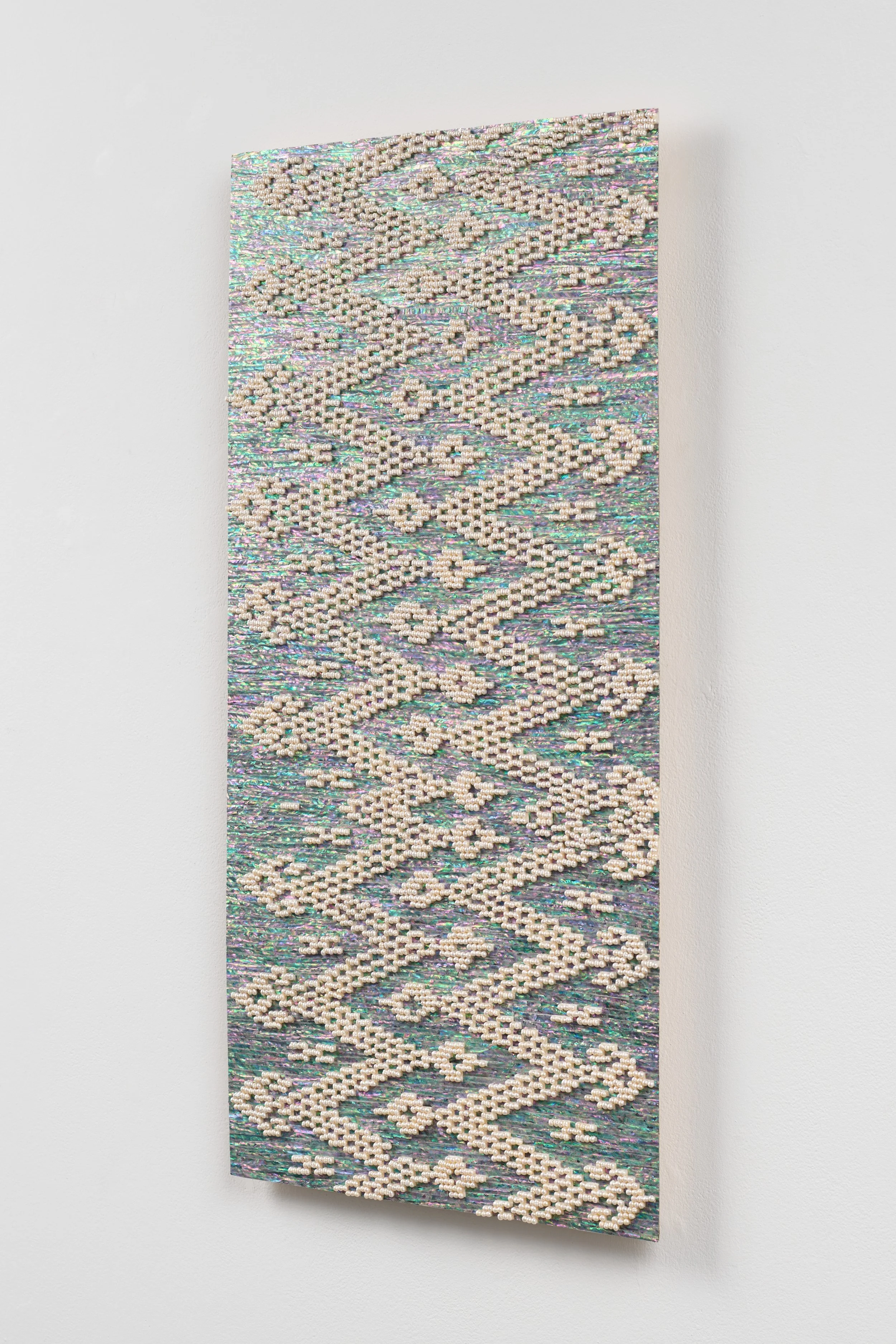  Charlene Tan,  Researching and Remembering (Abalone &amp; Fresh Water Pearls),  2024, Abalone, Fresh Water Pearls, Archival digital print, pva glue, plywood. 41 x 22” 