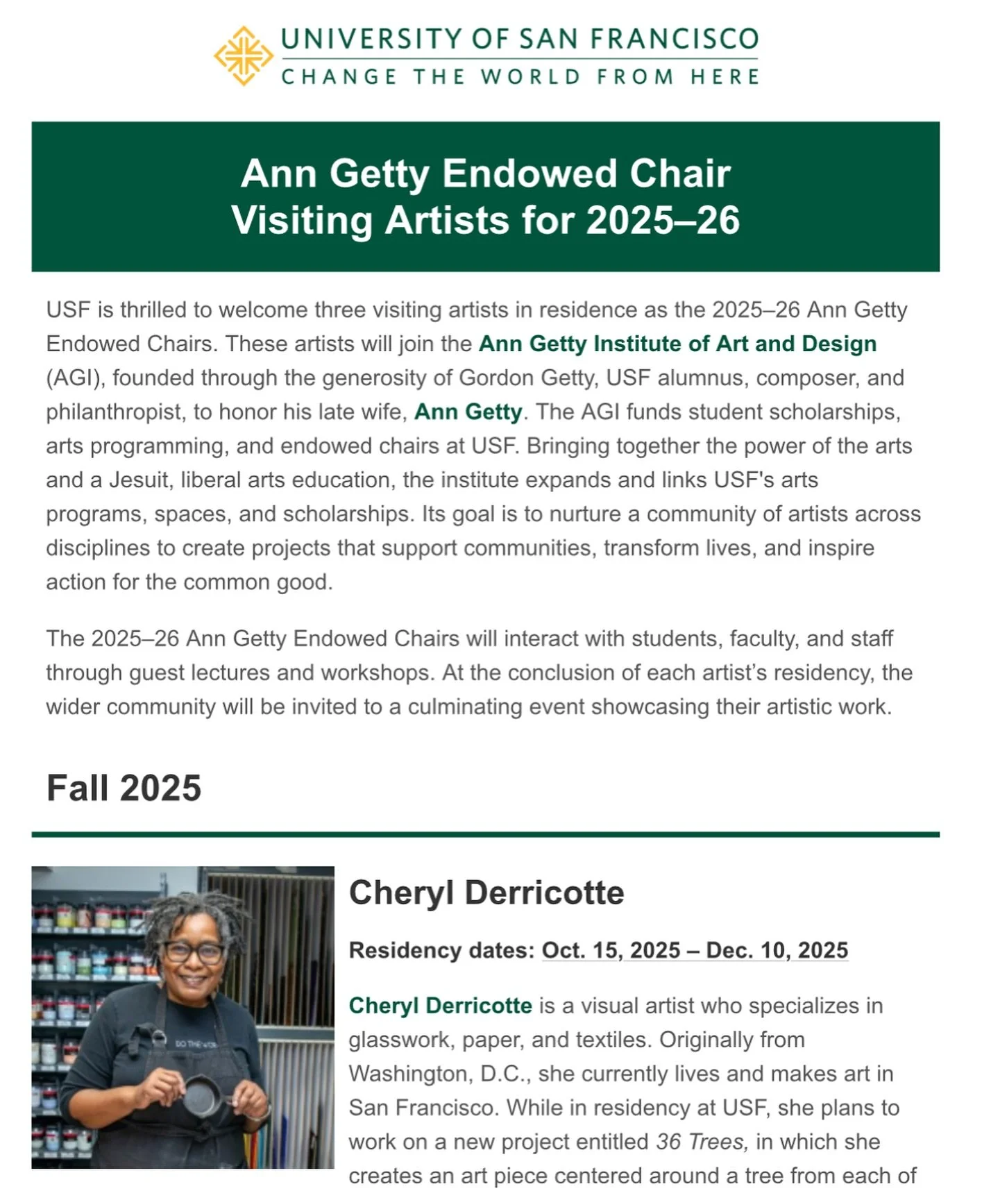 Kicking off the week with some exciting news!🌟

Congratulations to @cherylderrricoottestudio 👏🏼 💥awardee of 2025-26 artists-in-residence Ann Getty Endowed Chairs at @usfca 

The 2025-26 Ann Getty Endowed Chairs will interact with students, facult