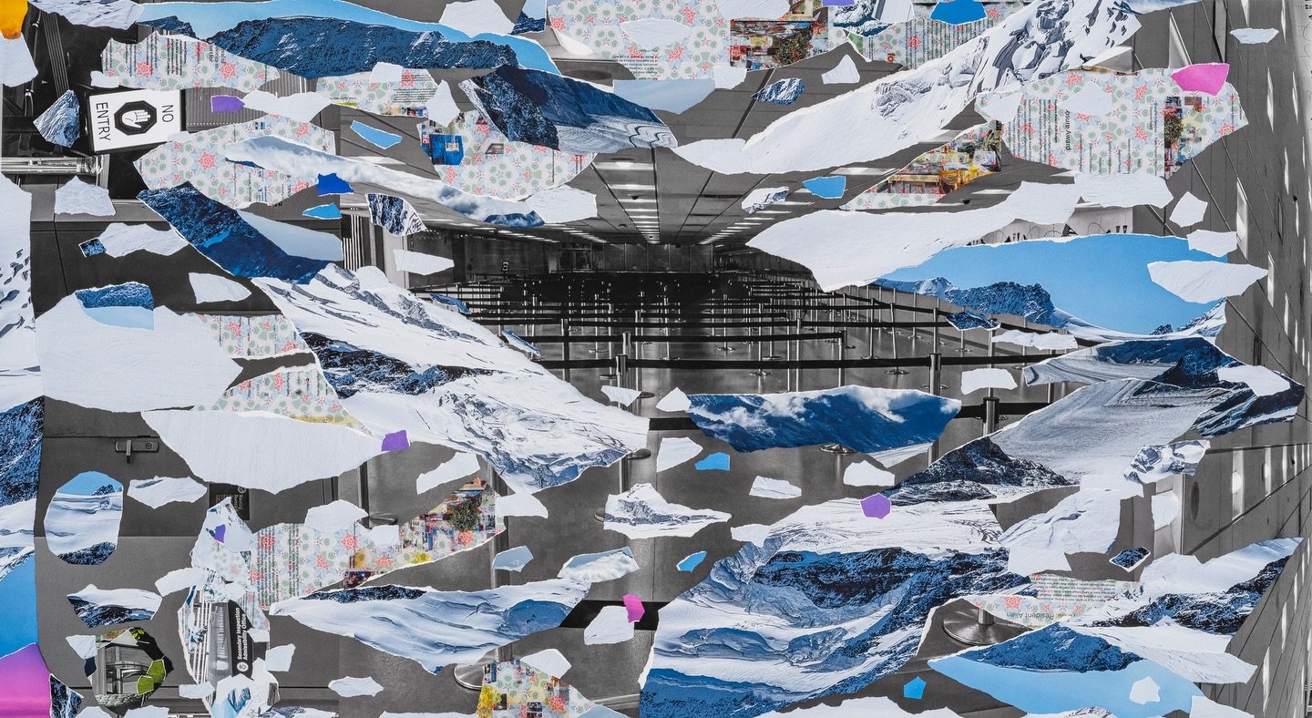 Guanyu Xu&rsquo;s 𝘥𝘳𝘦𝘢𝘮𝘴𝘤𝘢𝘱𝘦𝘴 𝘣𝘦𝘵𝘸𝘦𝘦𝘯 𝘣𝘰𝘳𝘥𝘦𝘳𝘴 examines the pervasive presence of border control and the ways borders shape our lives and dreams. In this body of work, the artist collages images of border spaces drawn from cel