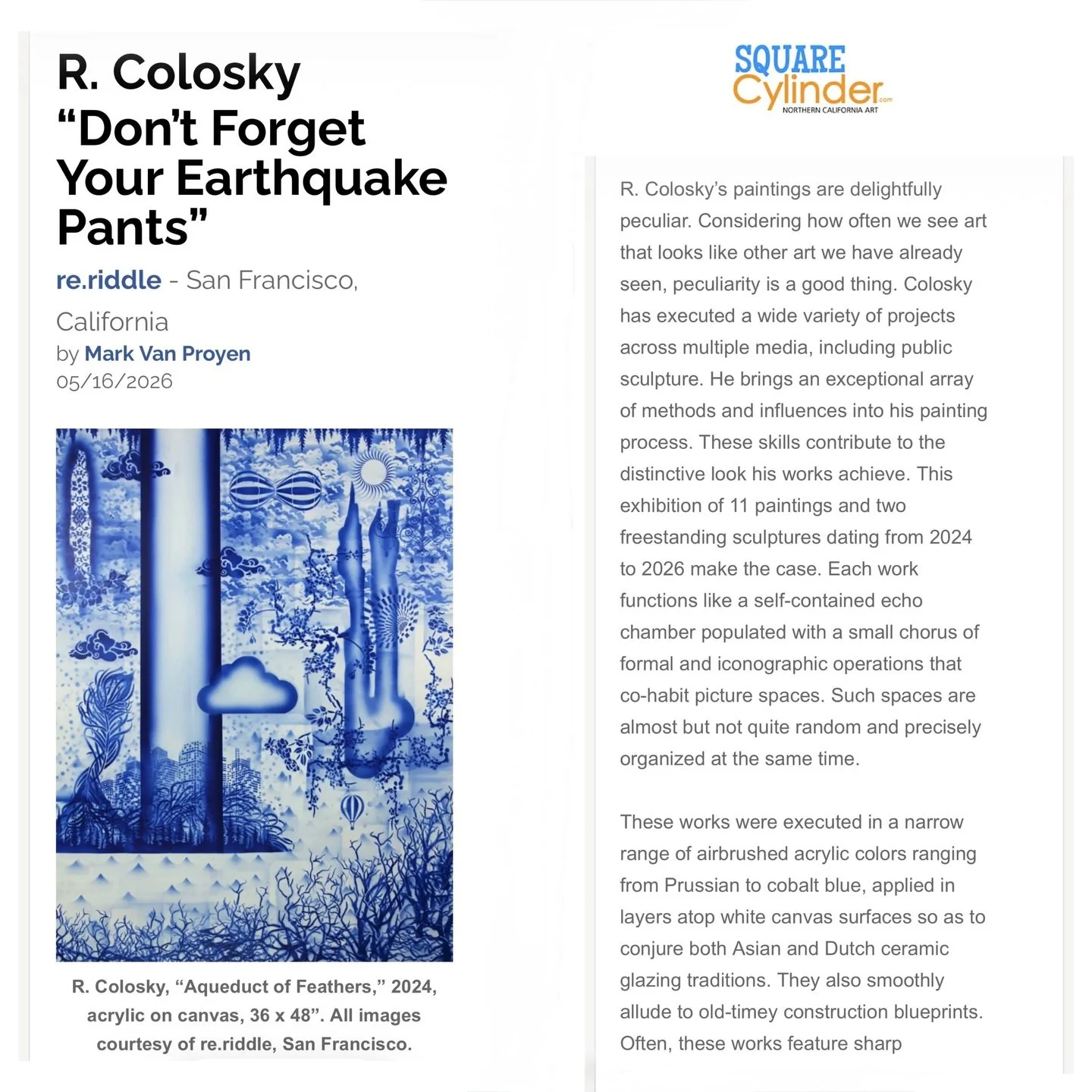 Thank you #MarkvanProyen #SquareCylinder for the perceptive review of R. Colosky&rsquo;s 𝘋𝘰𝘯&rsquo;𝘵 𝘍𝘰𝘳𝘨𝘦𝘵 𝘠𝘰𝘶𝘳 𝘌𝘢𝘳𝘵𝘩𝘲𝘶𝘢𝘬𝘦 𝘗𝘢𝘯𝘵𝘴, noting interesting parallels to film, art history, and web design.✨

This is the last week