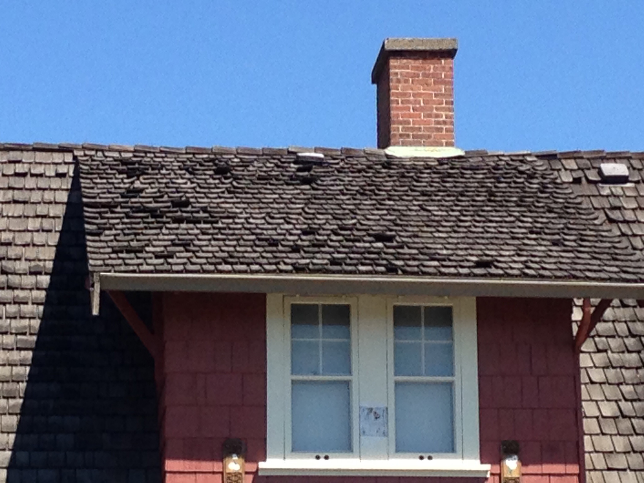  You can see considerable lifting and splitting in the cedar shakes of the old roof, exposing the sheathing underneath.&nbsp; 