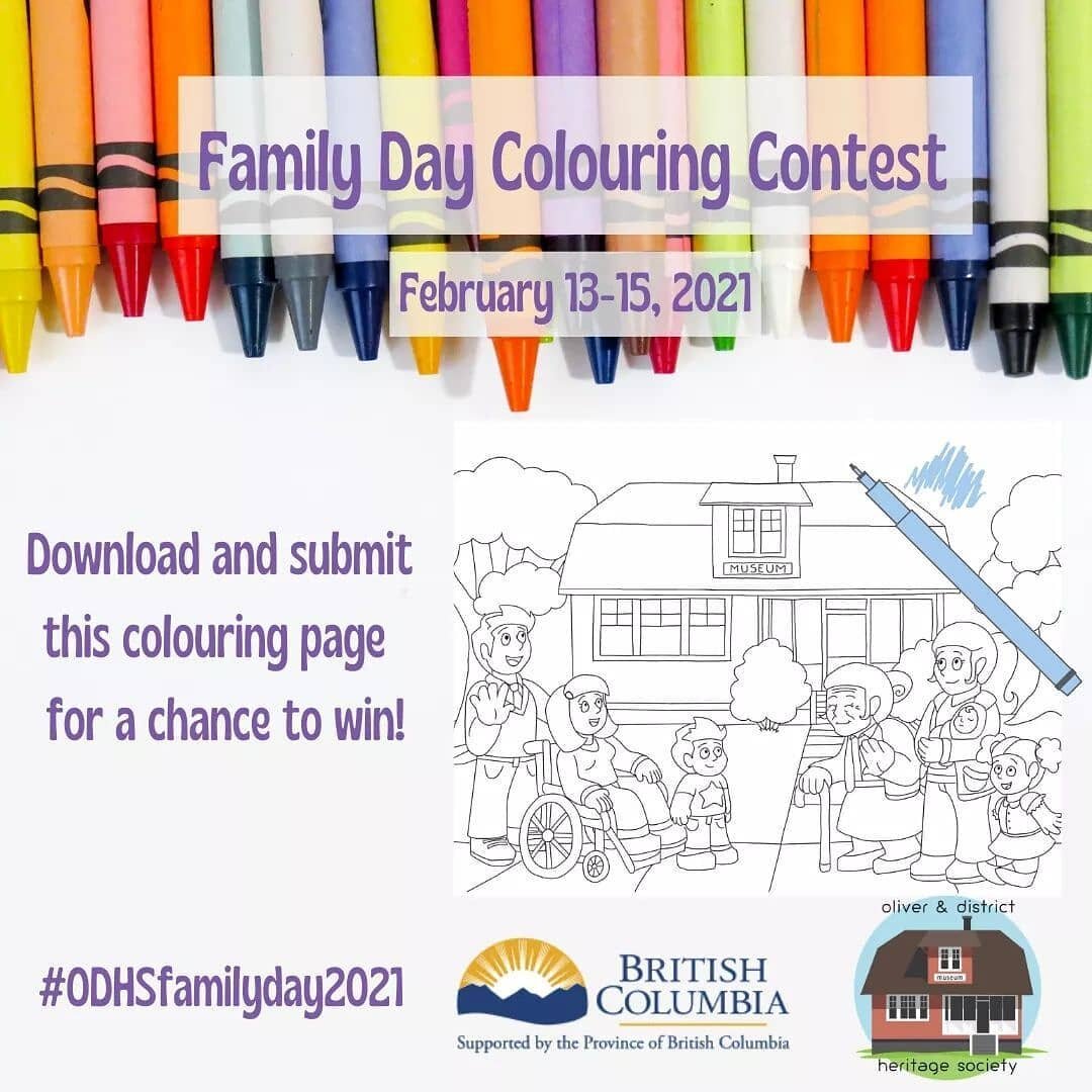 Ready, set, colour! Grab this original drawing at oliverheritage.ca and colour it however you'd like. Send it back to us on social media by tagging us, or email us your art. Be sure to use #ODHSfamilyday2021 and remember each coloured page enters you