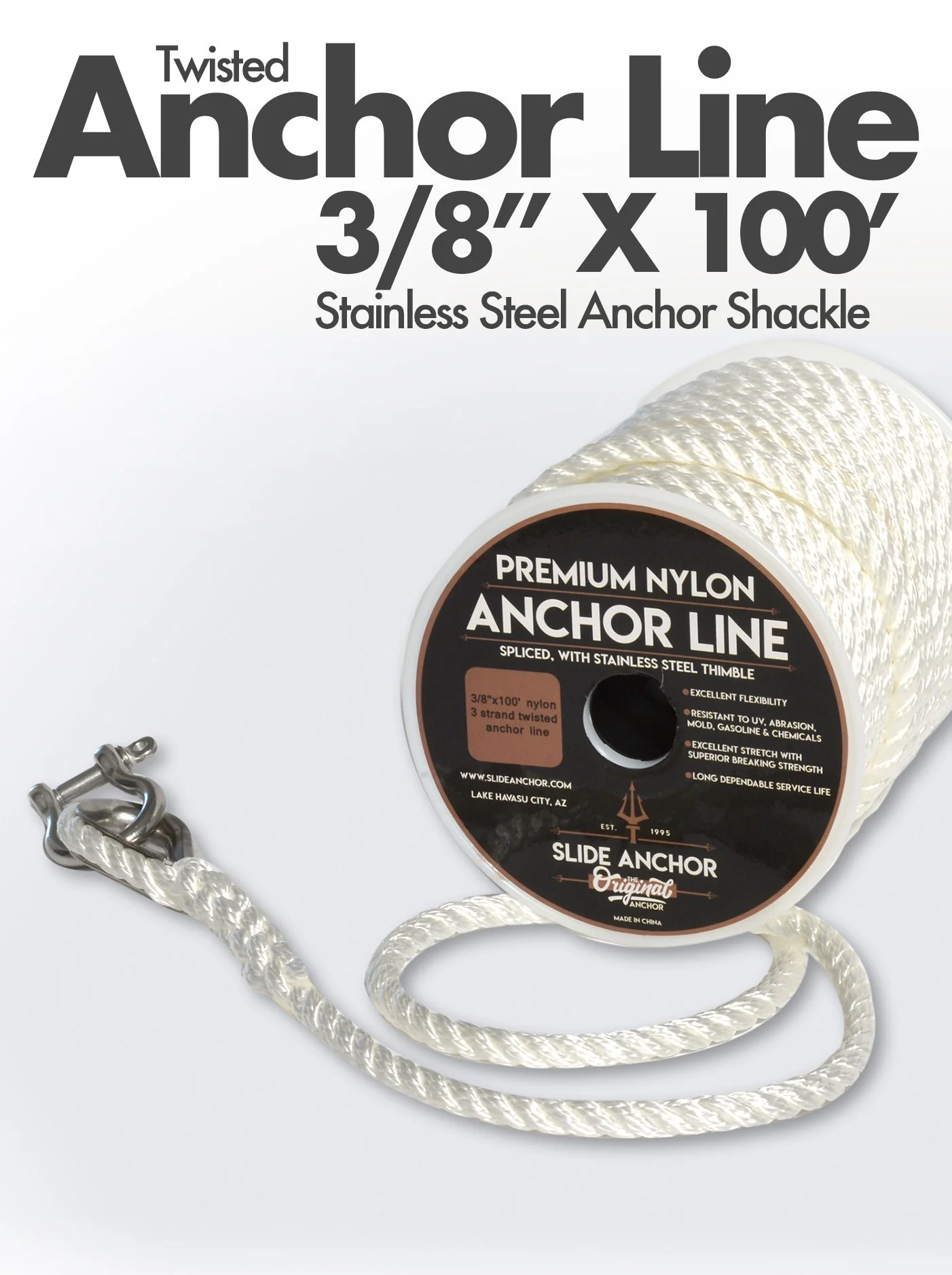 3/8" Twisted Nylon Premium Line (Includes Stainless Shackle)