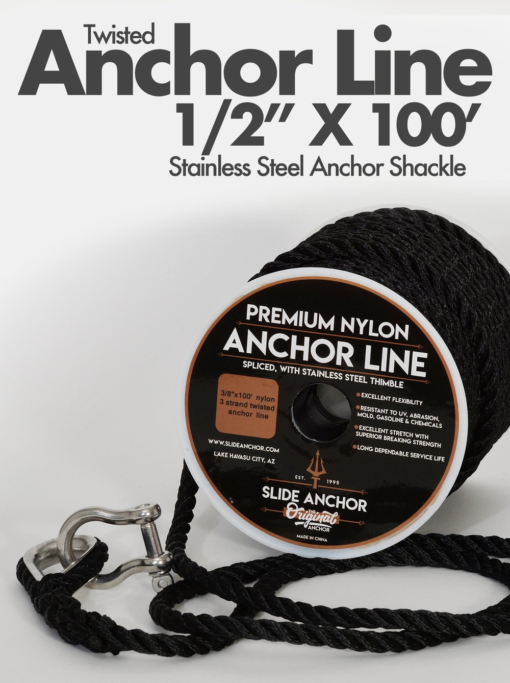 1/2 Twisted Nylon Premium Line (Includes Stainless Shackle) — Slide Anchor